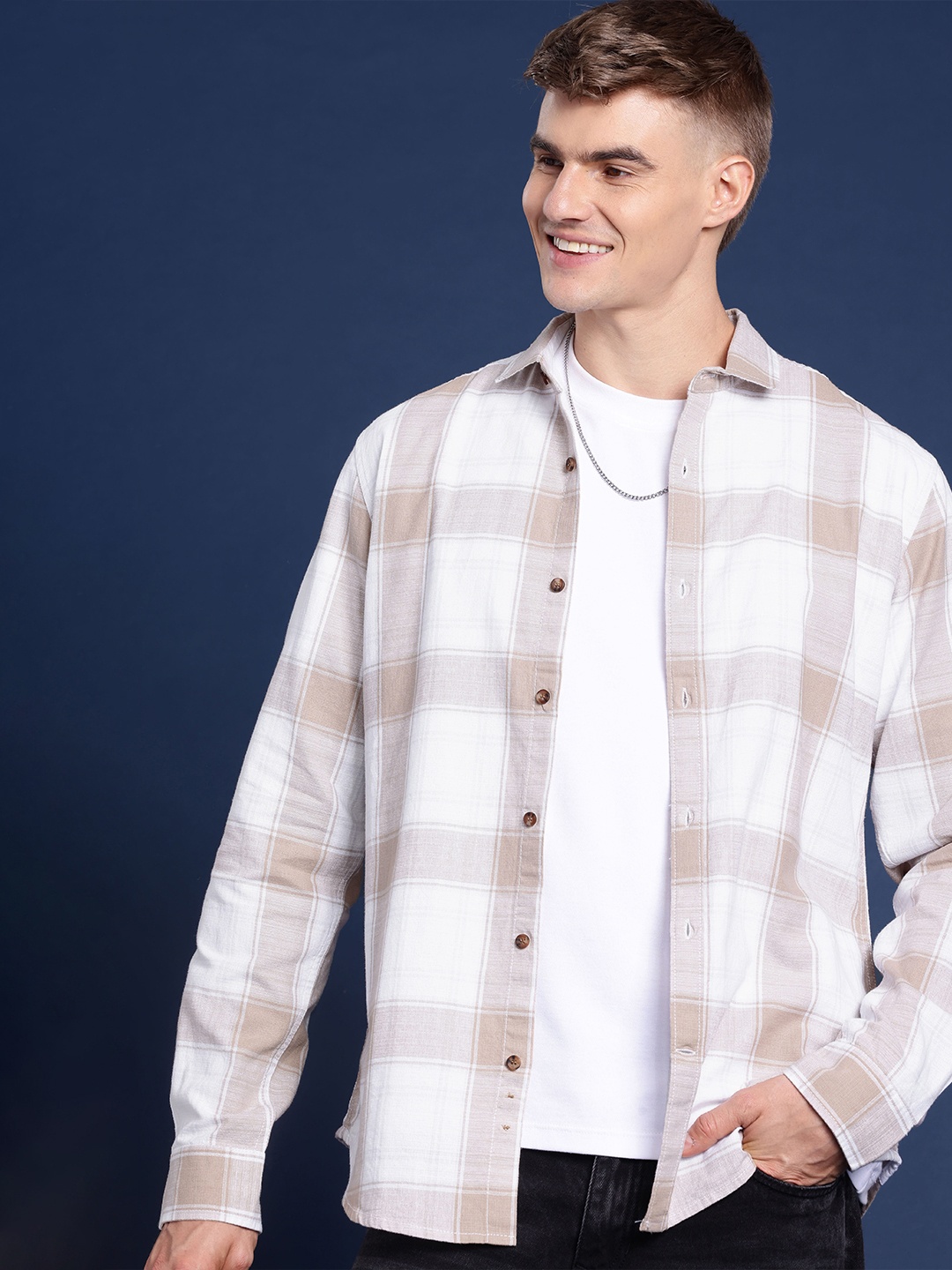 

Mast & Harbour Men Checked Pure Cotton Casual Shirt, Beige