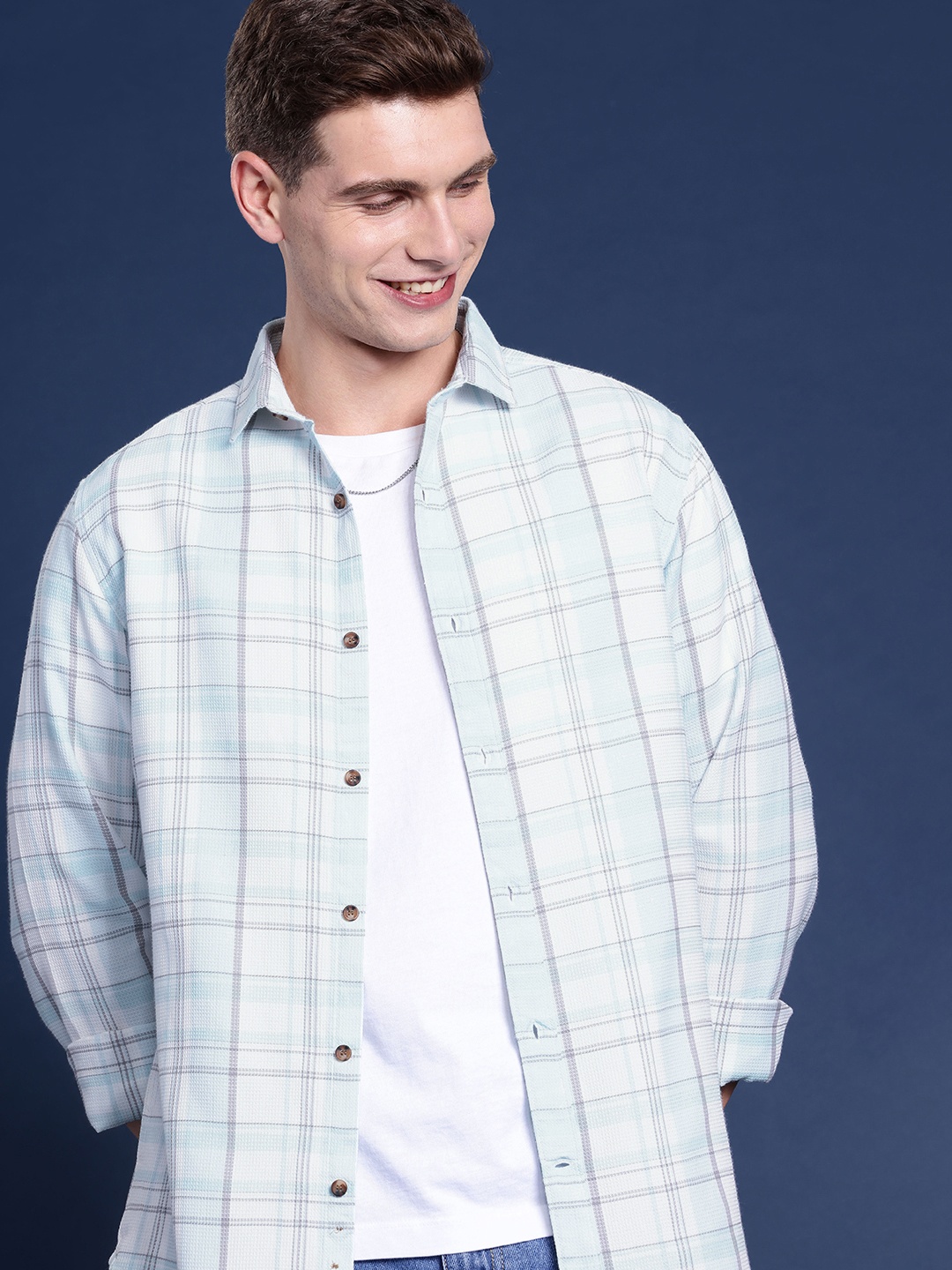 

Mast & Harbour Men Checked Casual Shirt, Turquoise blue