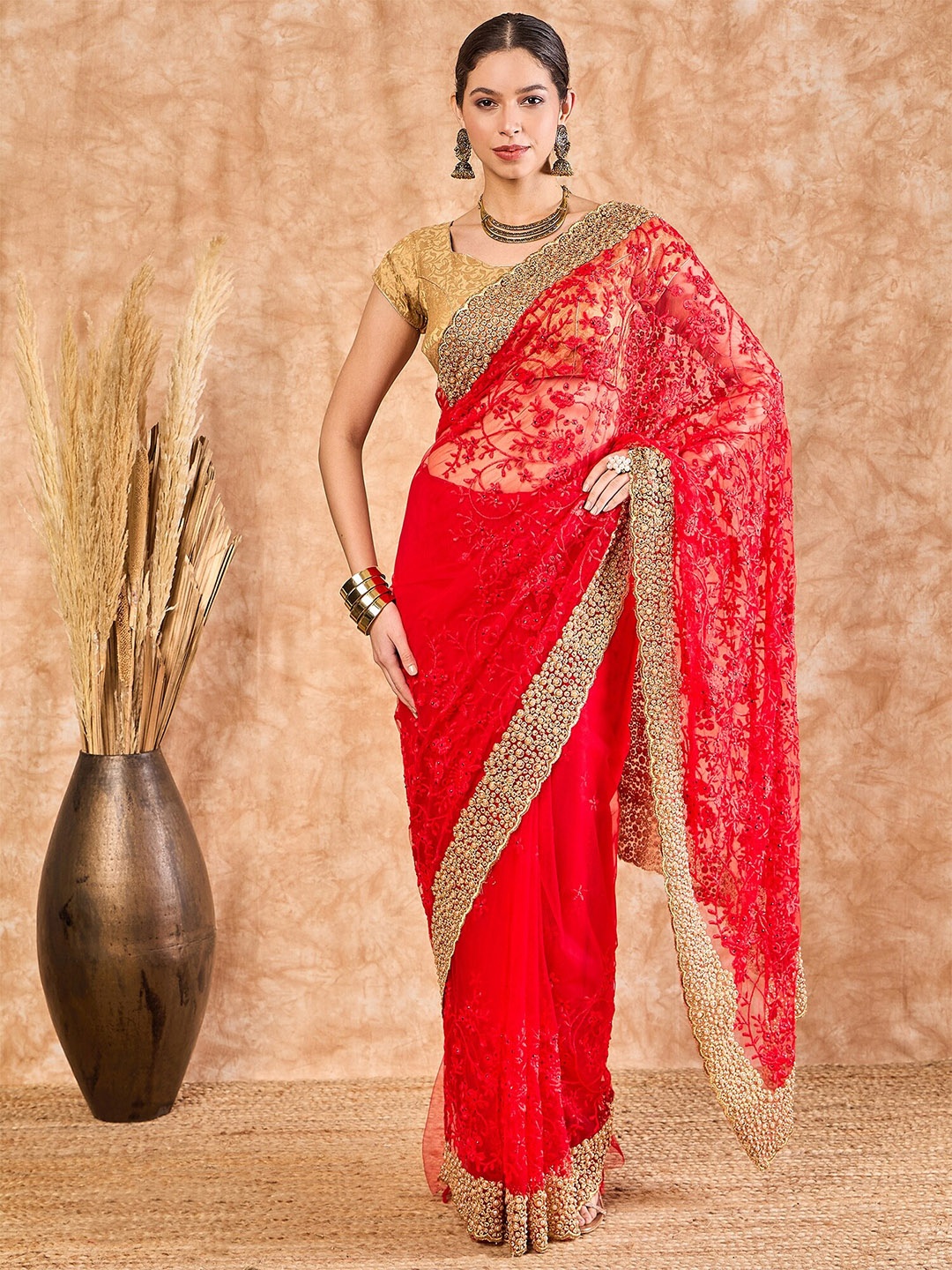 

MAHALASA Floral Embroidered Saree, Red