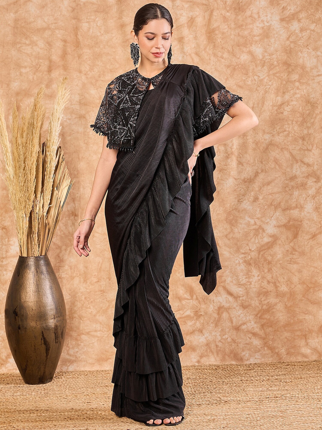 

MAHALASA Striped Net Ready to Wear Saree With Jacket, Black