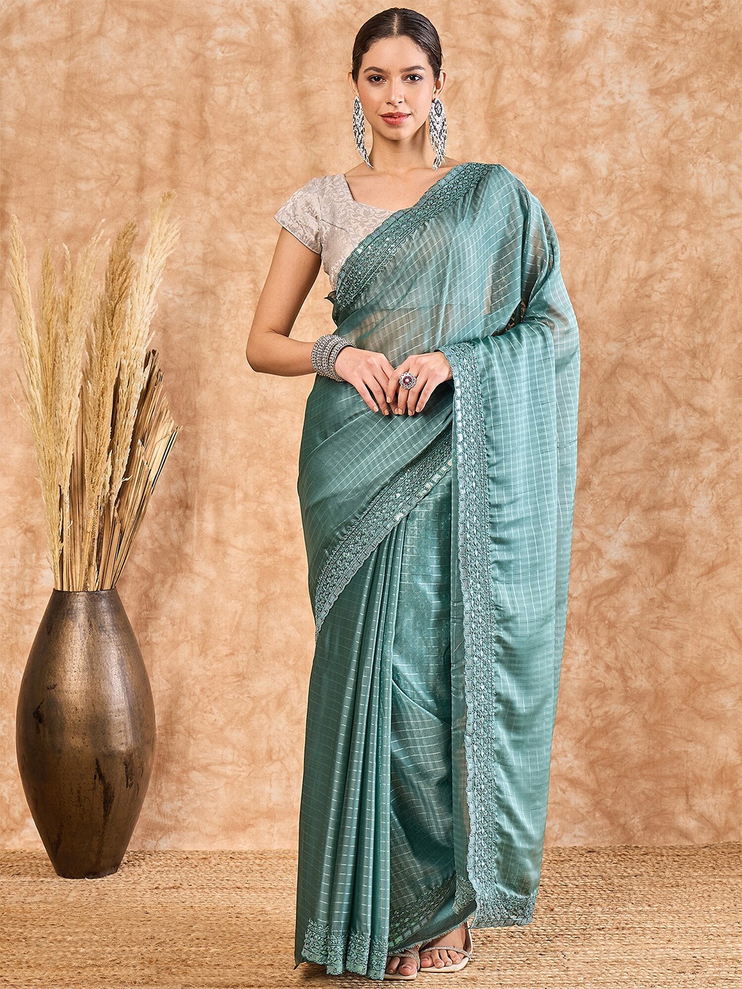 

MAHALASA Checked Pure Georgette Saree, Sea green