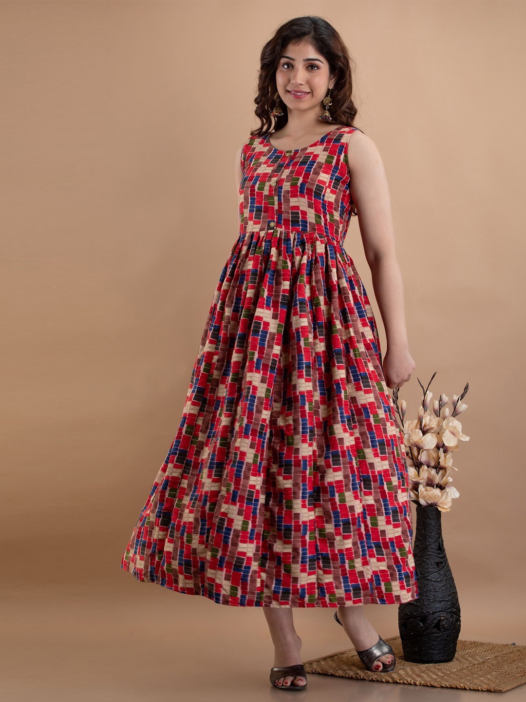 

PARIKSHIT Printed Round Neck Maxi Dress, Red