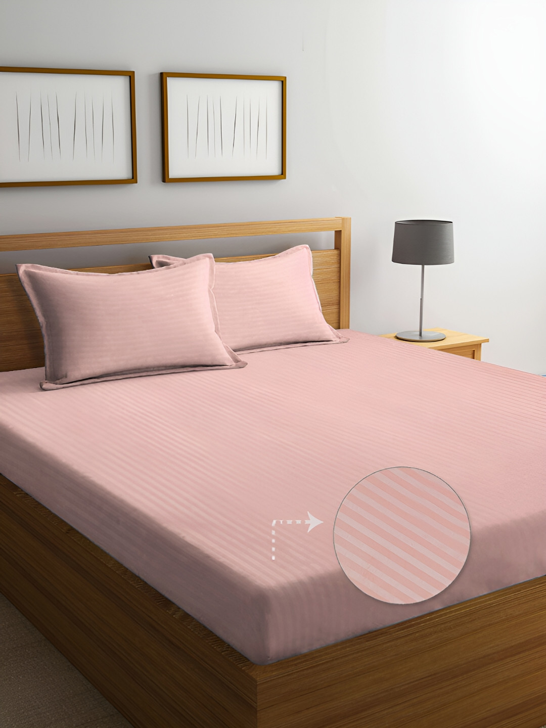 

FABINALIV Peach & White Striped Print 300 TC King Size Bedsheet & 2 Pillow Covers