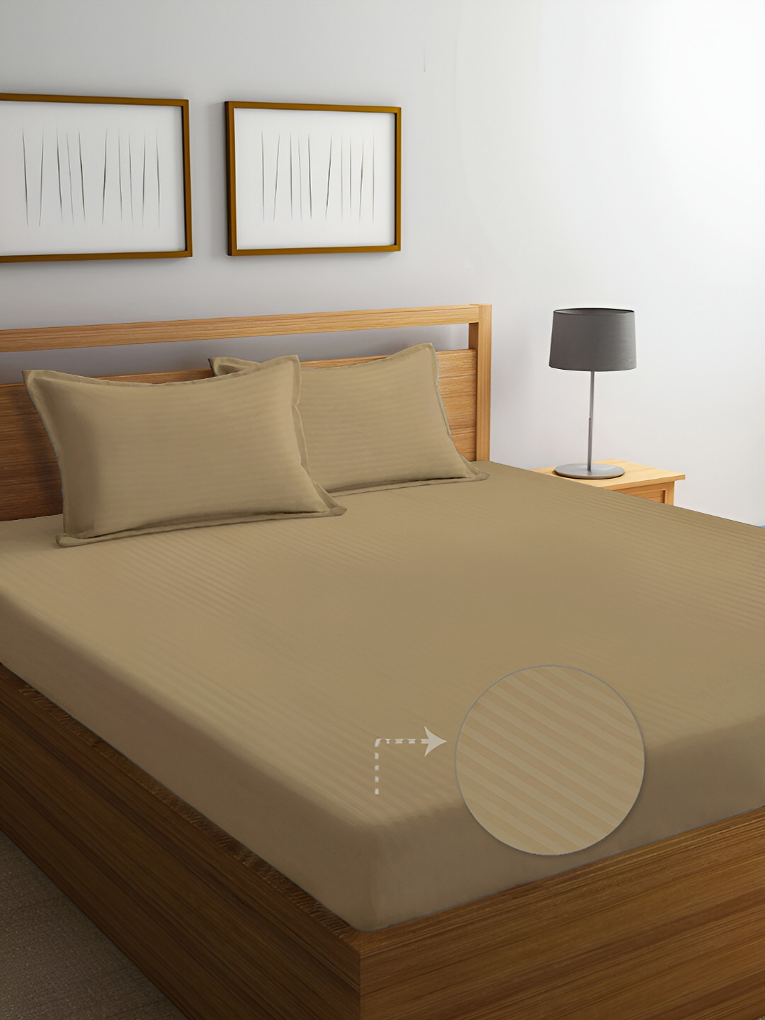 

FABINALIV Beige Striped Print 300 TC King Size Bedsheet & 2 Pillow Covers