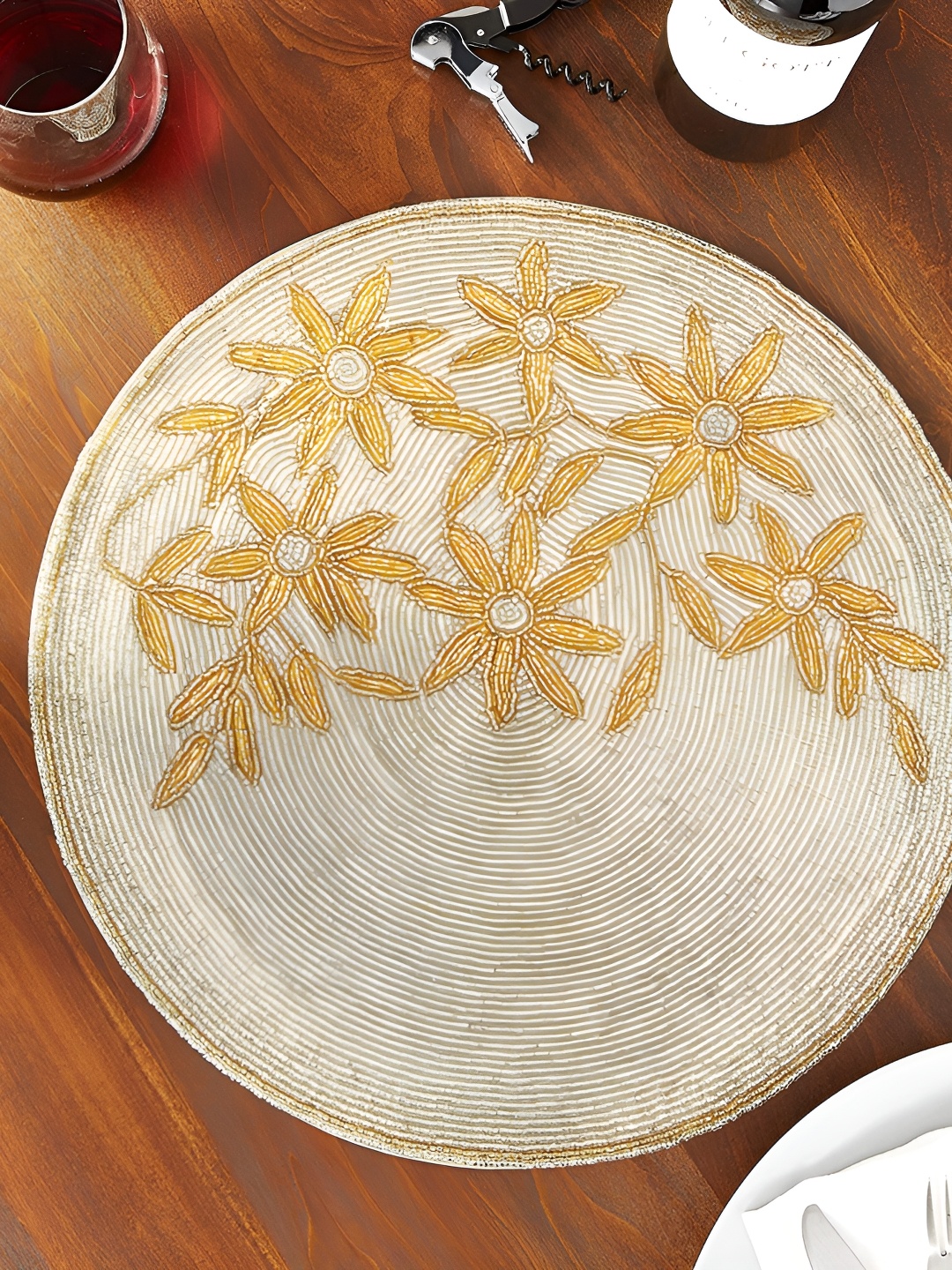 

YWULY White & Gold Toned Embellished Beaded Round Dining Table Placemat