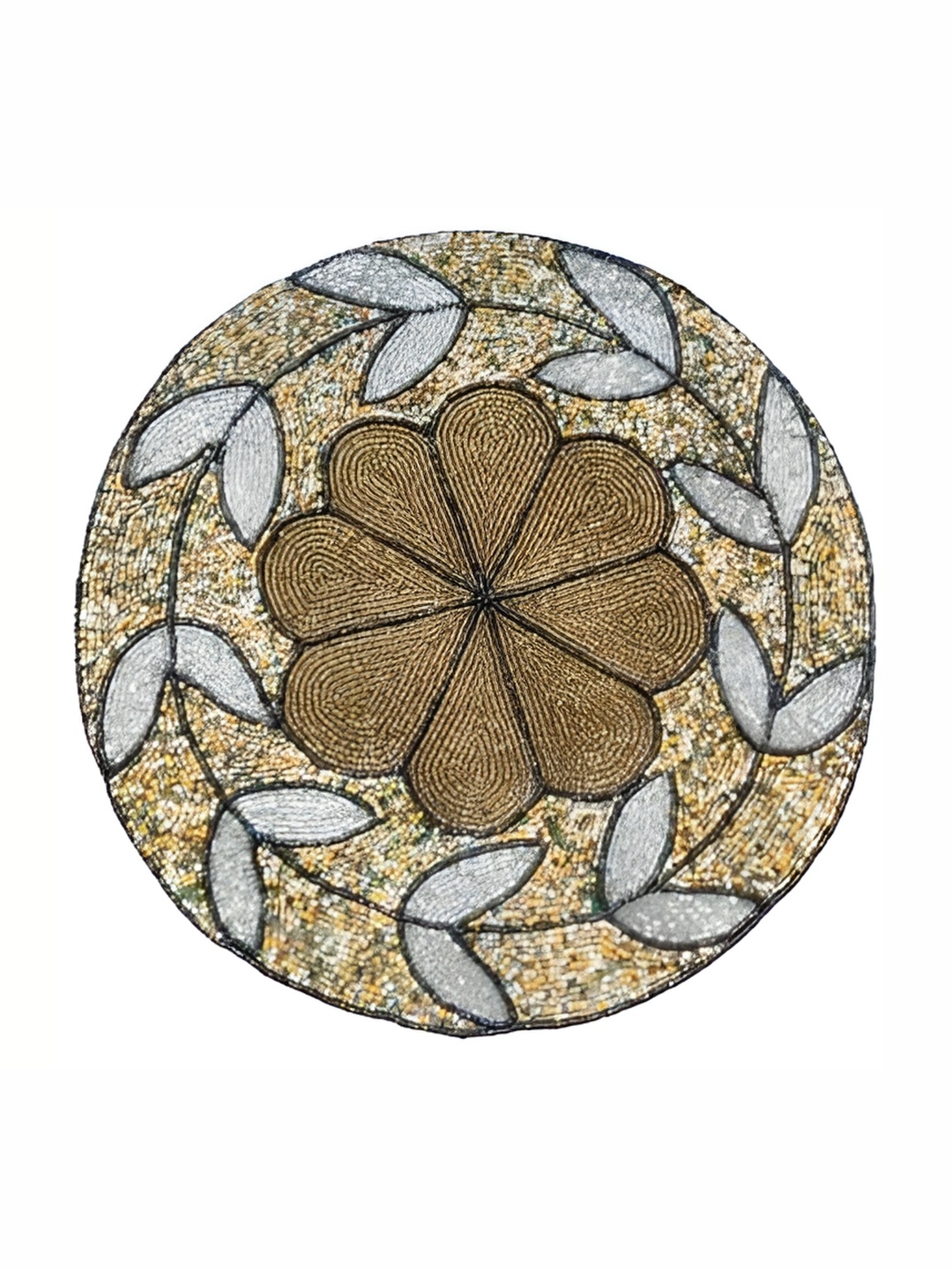 

YWULY Beige Embellished Glass-Beaded Round Dining Table Placemat
