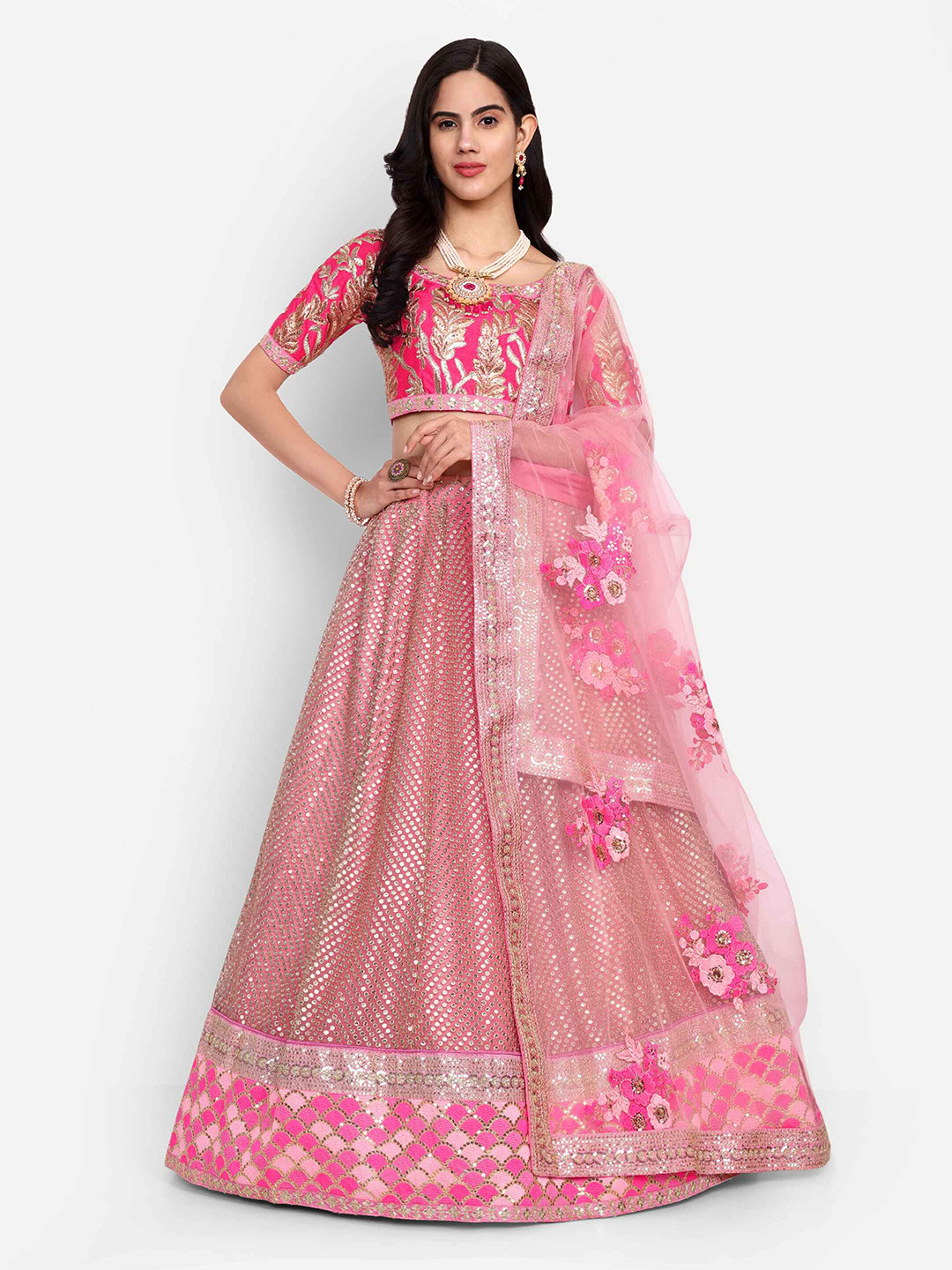 

Zeel Clothing Embroidered Kalamkari Semi-Stitched Lehenga & Unstitched Blouse With Dupatta, Pink