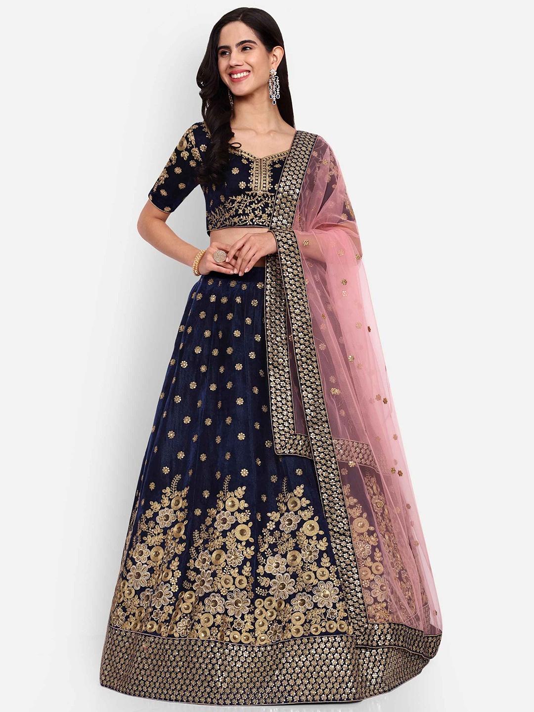 

Zeel Clothing Embroidered Velvet Semi-Stitched Lehenga & Unstitched Blouse With Dupatta, Navy blue