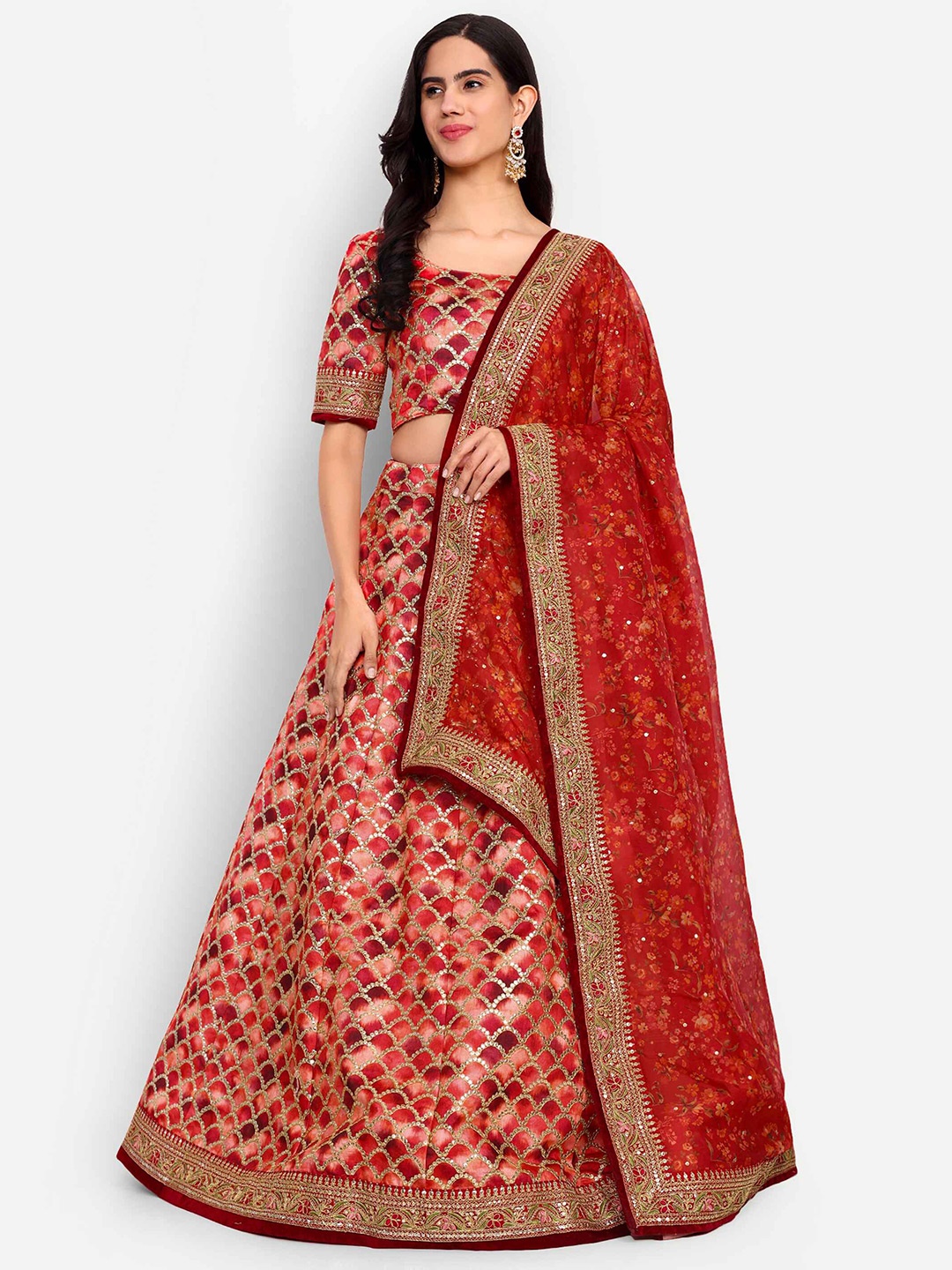 

Zeel Clothing Embroidered Semi-Stitched Lehenga & Unstitched Blouse With Dupatta, Red