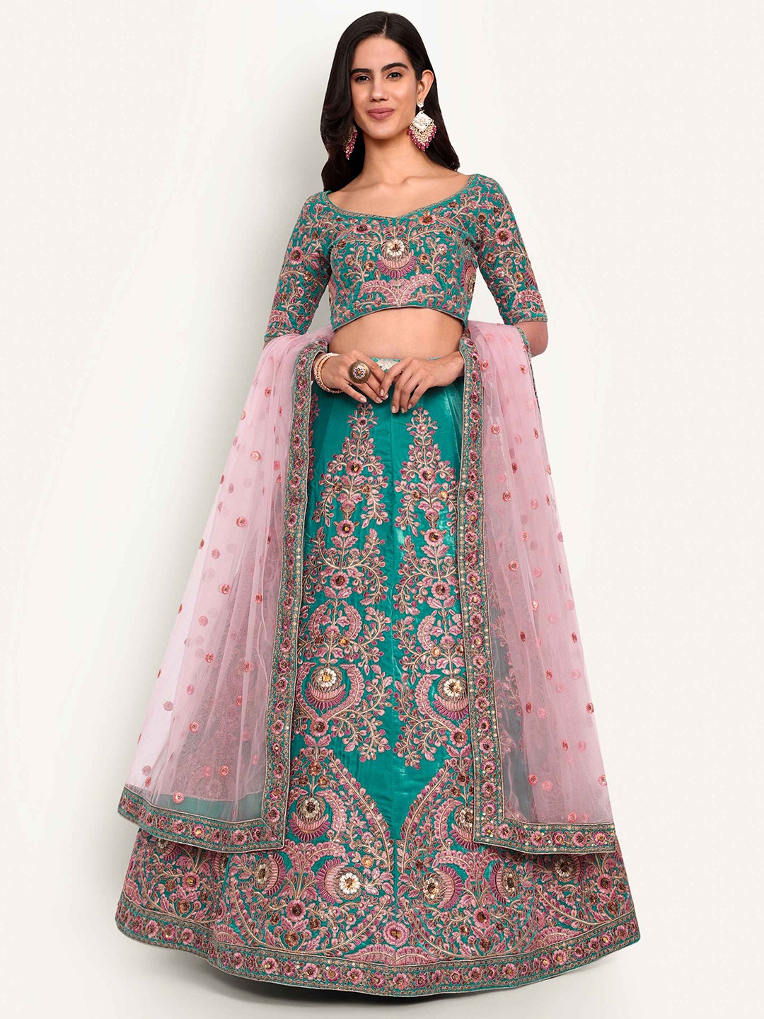 

Zeel Clothing Embroidered Semi-Stitched Lehenga & Unstitched Blouse With Dupatta, Teal