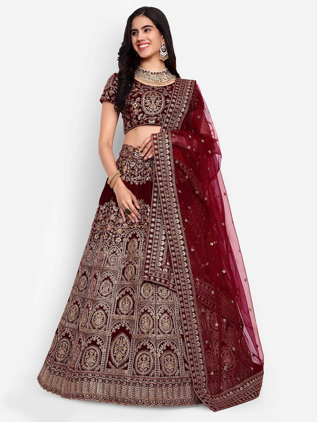 

Zeel Clothing Embroidered Kalamkari Semi-Stitched Lehenga & Unstitched Blouse With Dupatta, Red