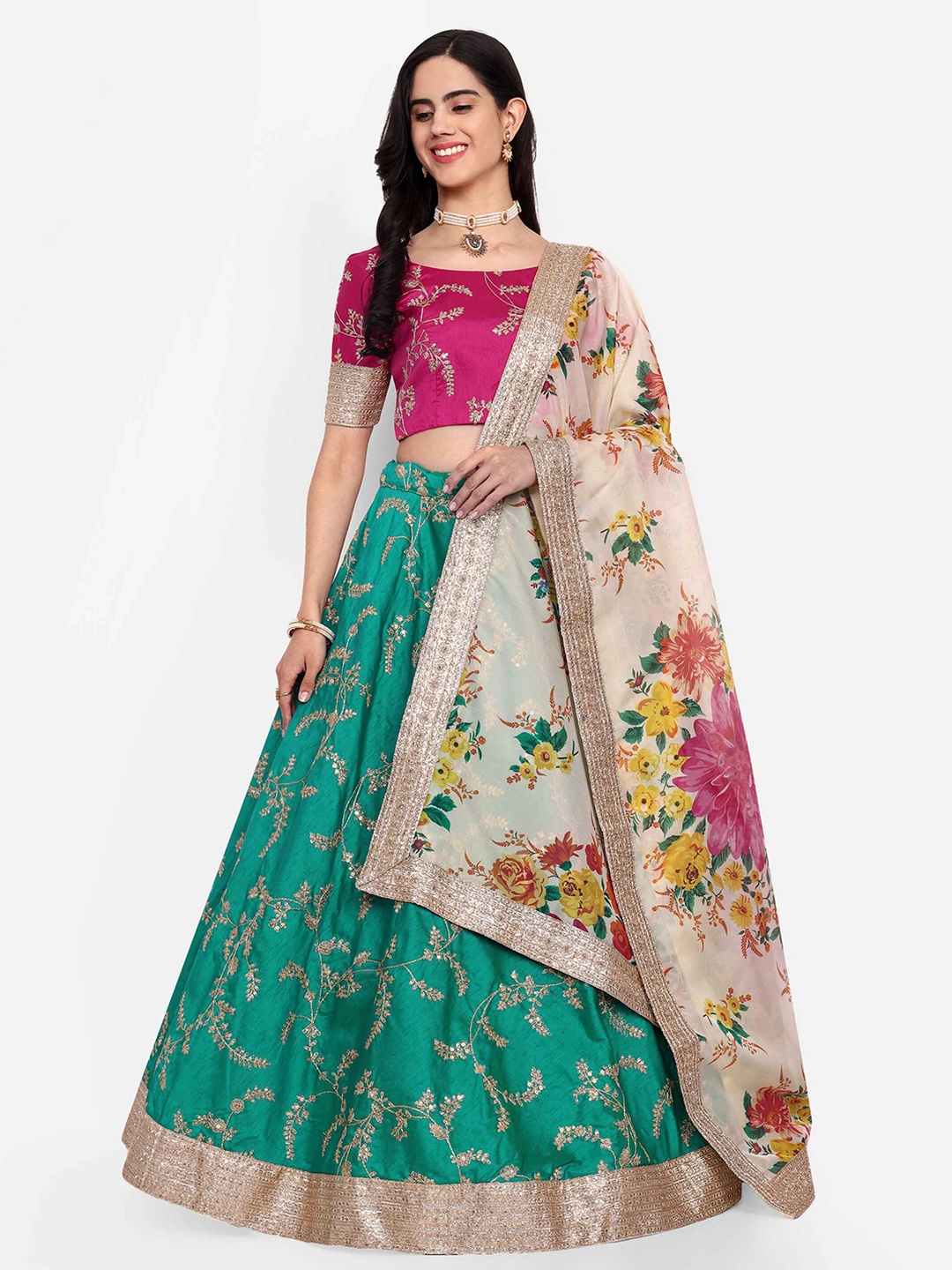 

Zeel Clothing Embroidered Zari Semi-Stitched Lehenga & Unstitched Blouse With Dupatta, Green