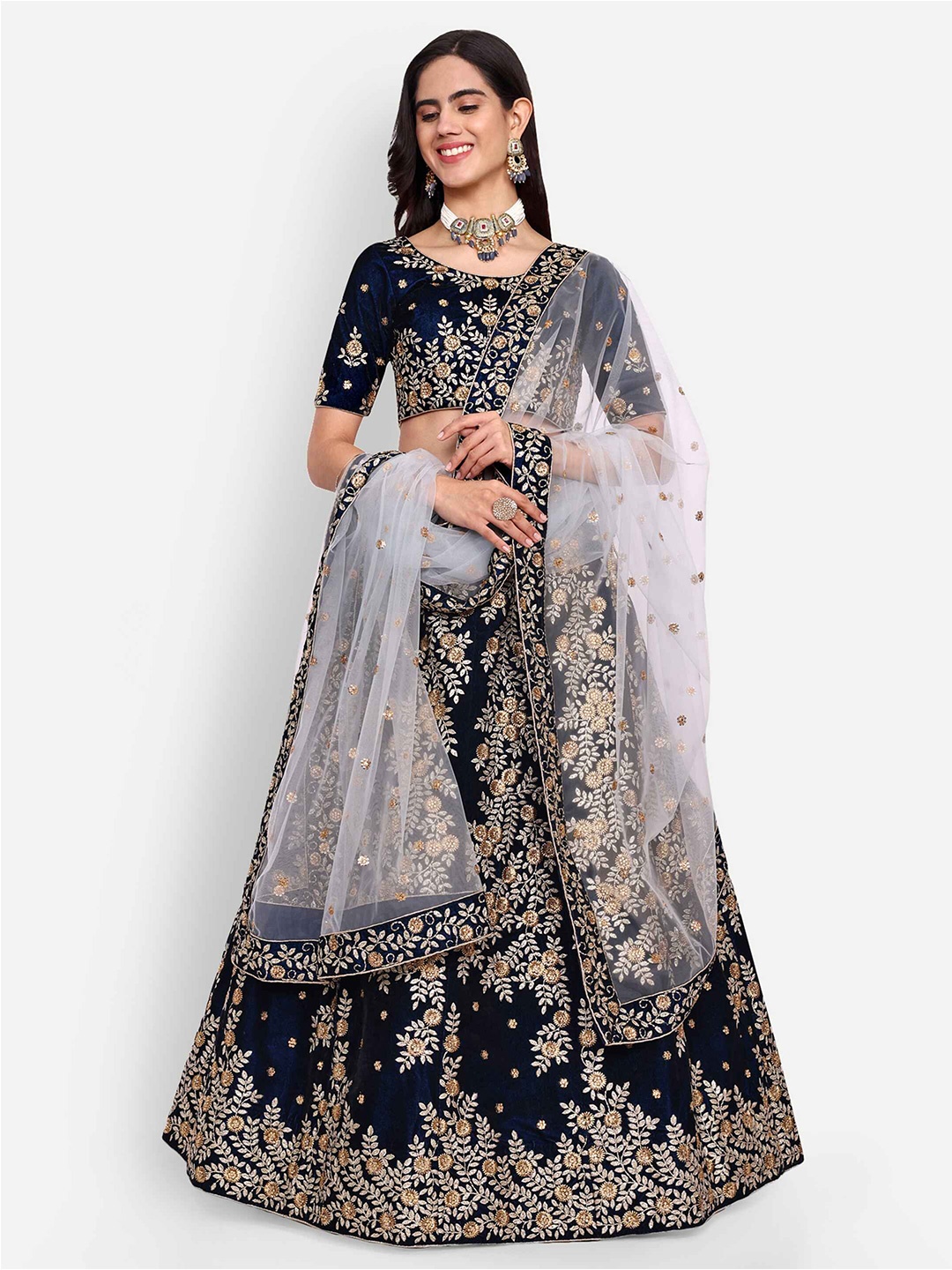 

Zeel Clothing Embroidered Semi-Stitched Lehenga & Unstitched Blouse With Dupatta, Navy blue