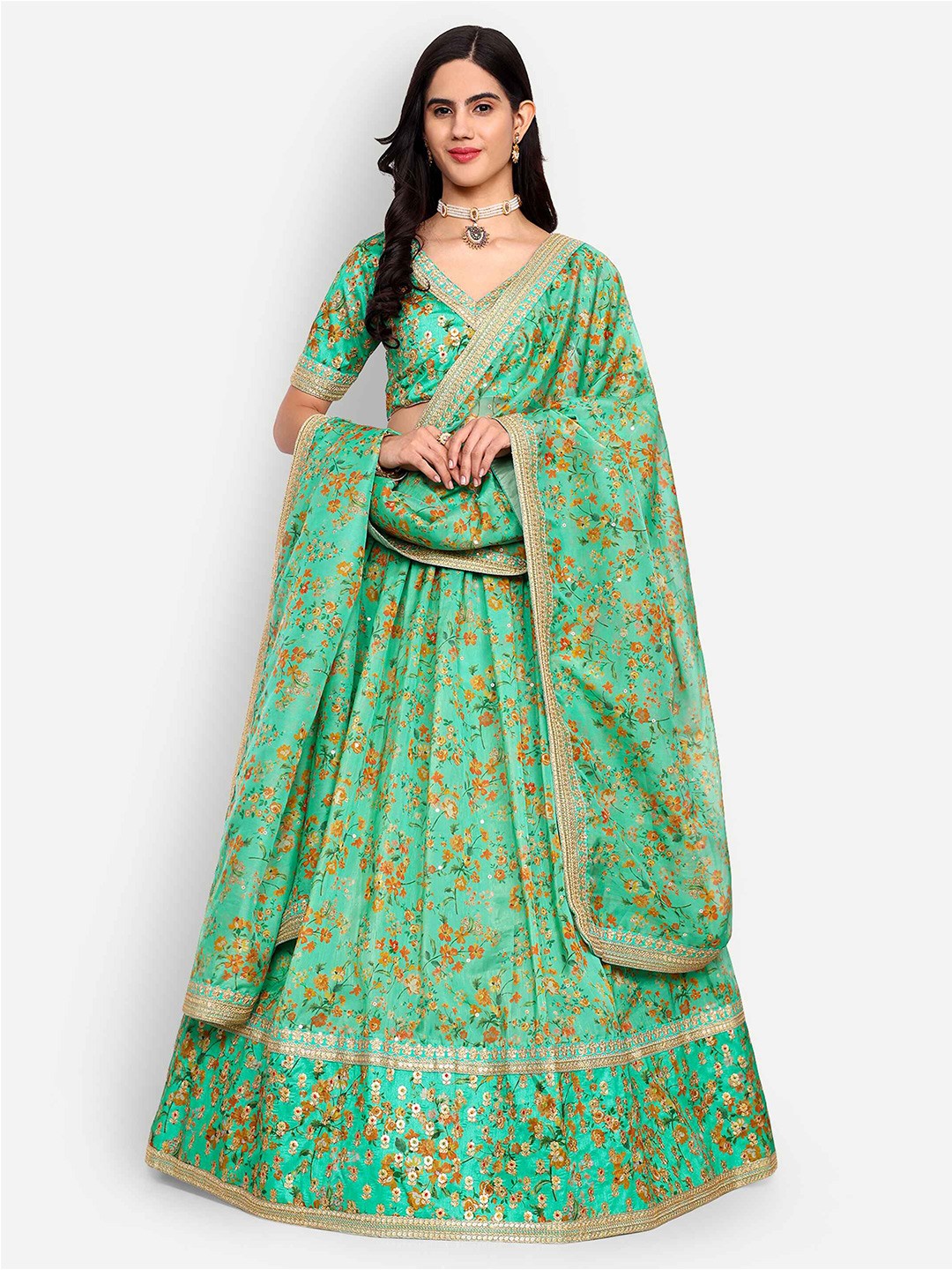 

Zeel Clothing Embroidered Semi-Stitched Lehenga & Unstitched Blouse With Dupatta, Green