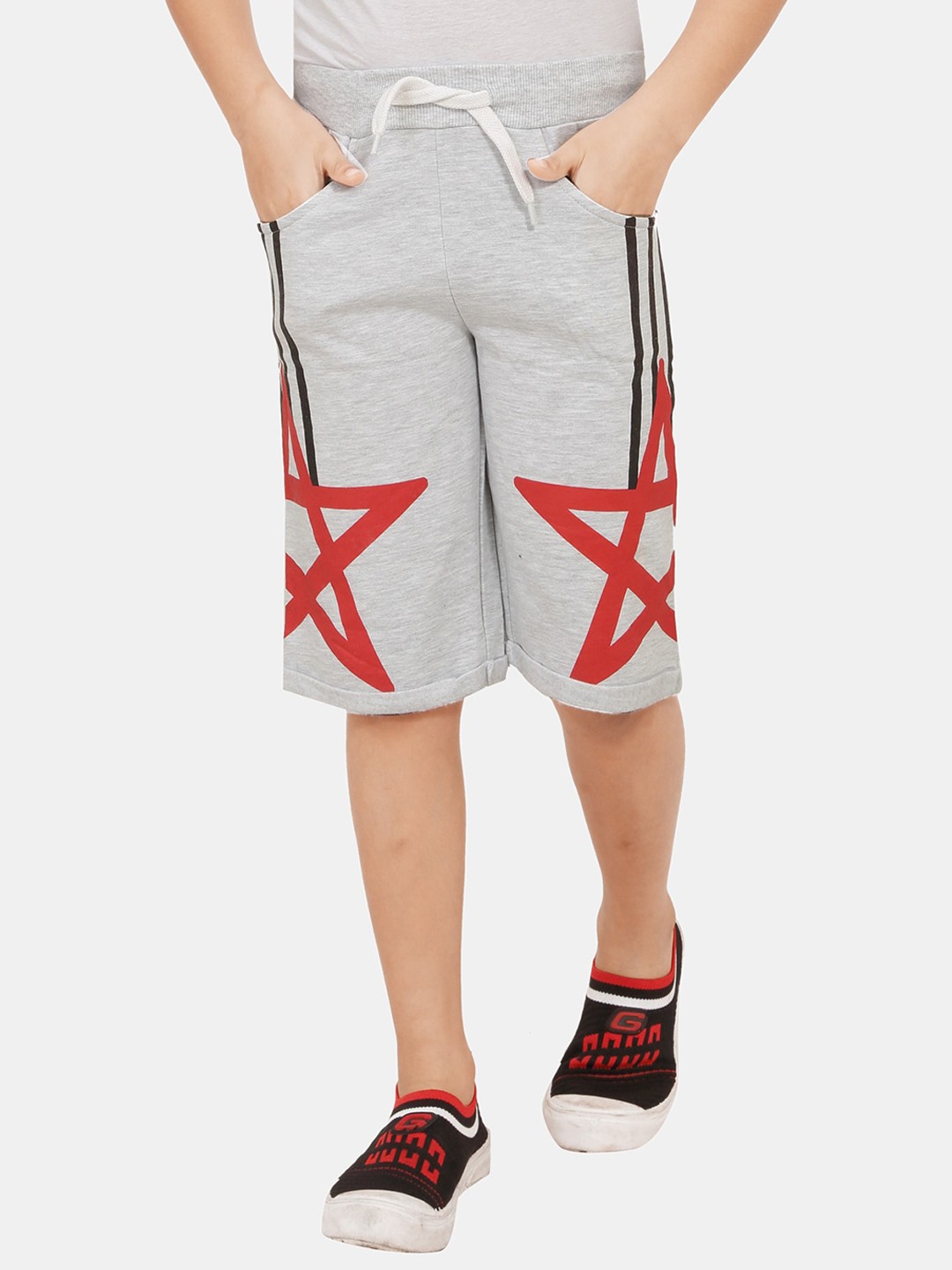 

BAESD Boys Printed Antimicrobial Mid-Rise Pure Cotton Shorts, Grey melange