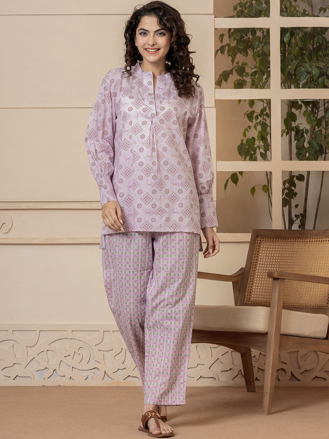 

FEATHERS CLOSET Printed Pure Cotton Top With Trousers Co-Ords, Pink