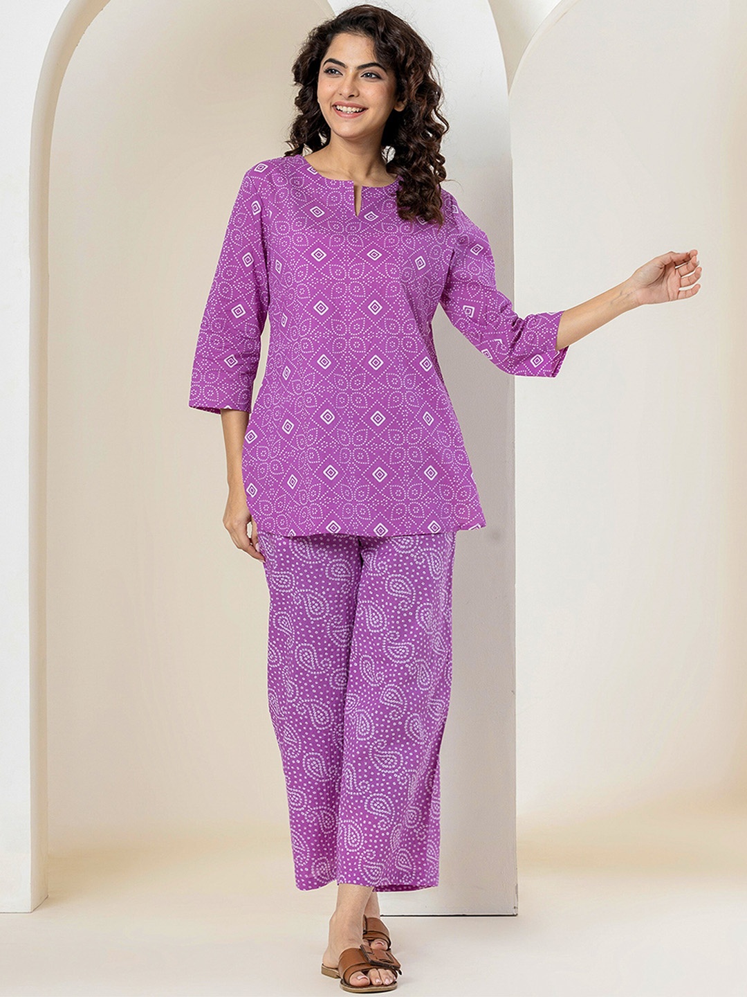 

FEATHERS CLOSET Geometric Printed Pure Cotton Night suit, Purple