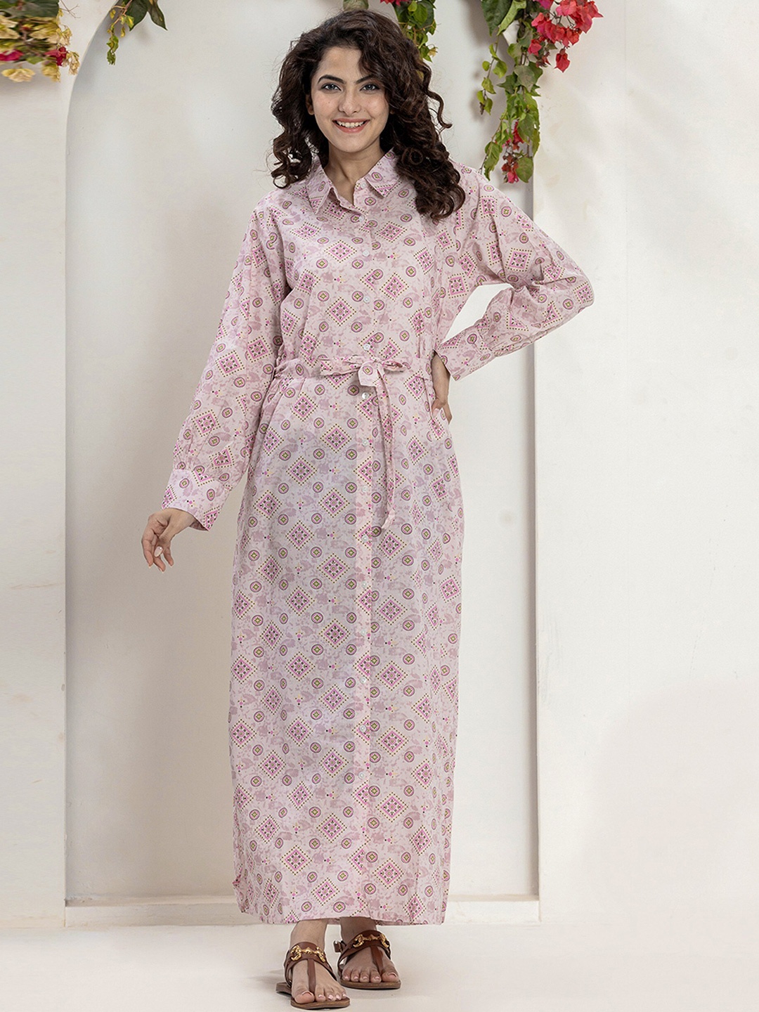 

FEATHERS CLOSET Geometric Printed Long Sleeves Tie-Ups Pure Cotton Shirt Maxi Dress, Pink