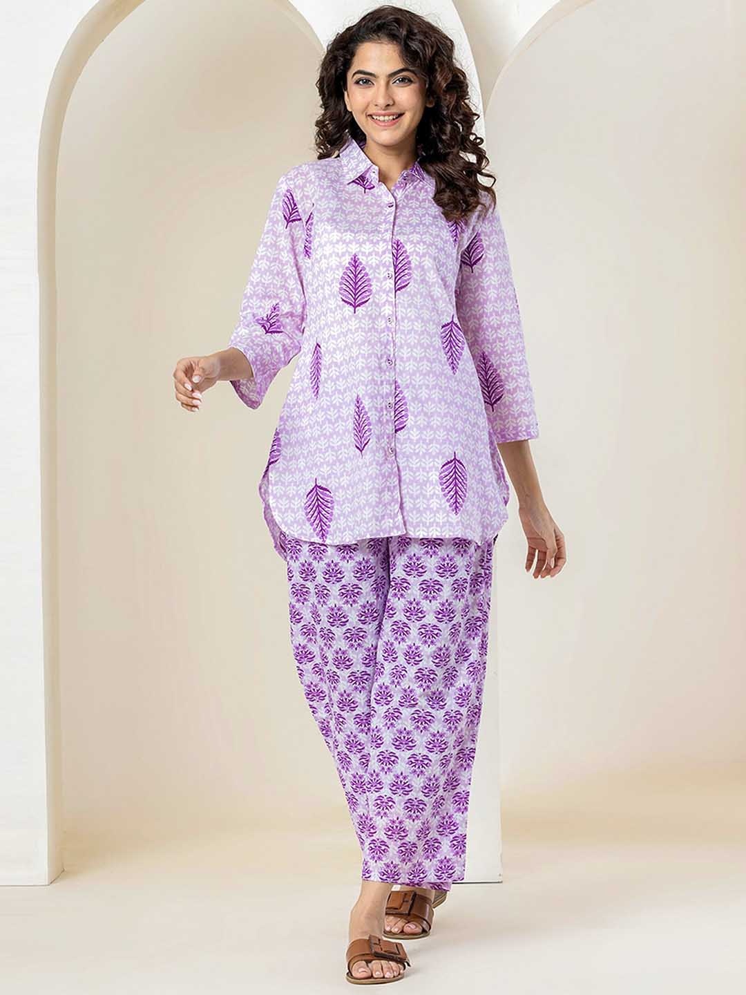 

FEATHERS CLOSET Ethnic Motifs Printed Pure Cotton Shirt With Trousers, Purple