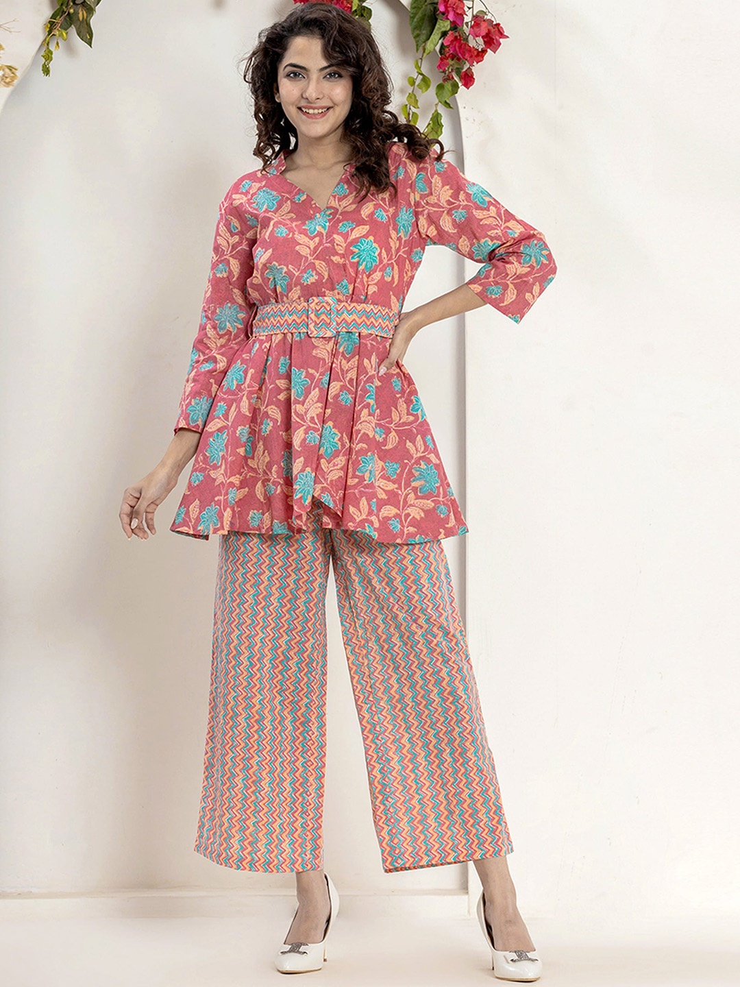 

FEATHERS CLOSET Printed Pure Cotton Top With Trousers Co-Ords, Coral