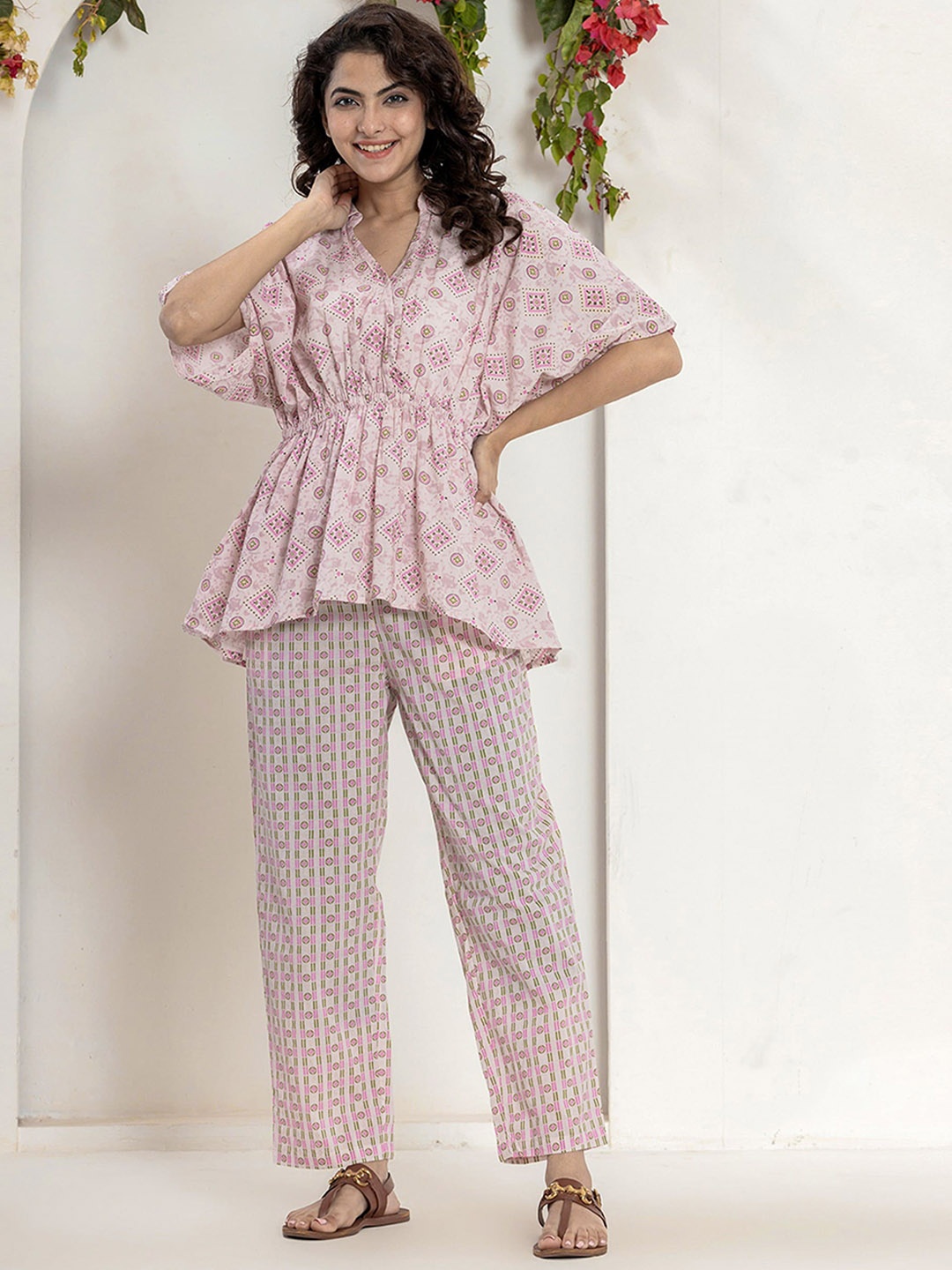 

FEATHERS CLOSET Printed Pure Cotton Top With Trousers Co-Ords, Pink