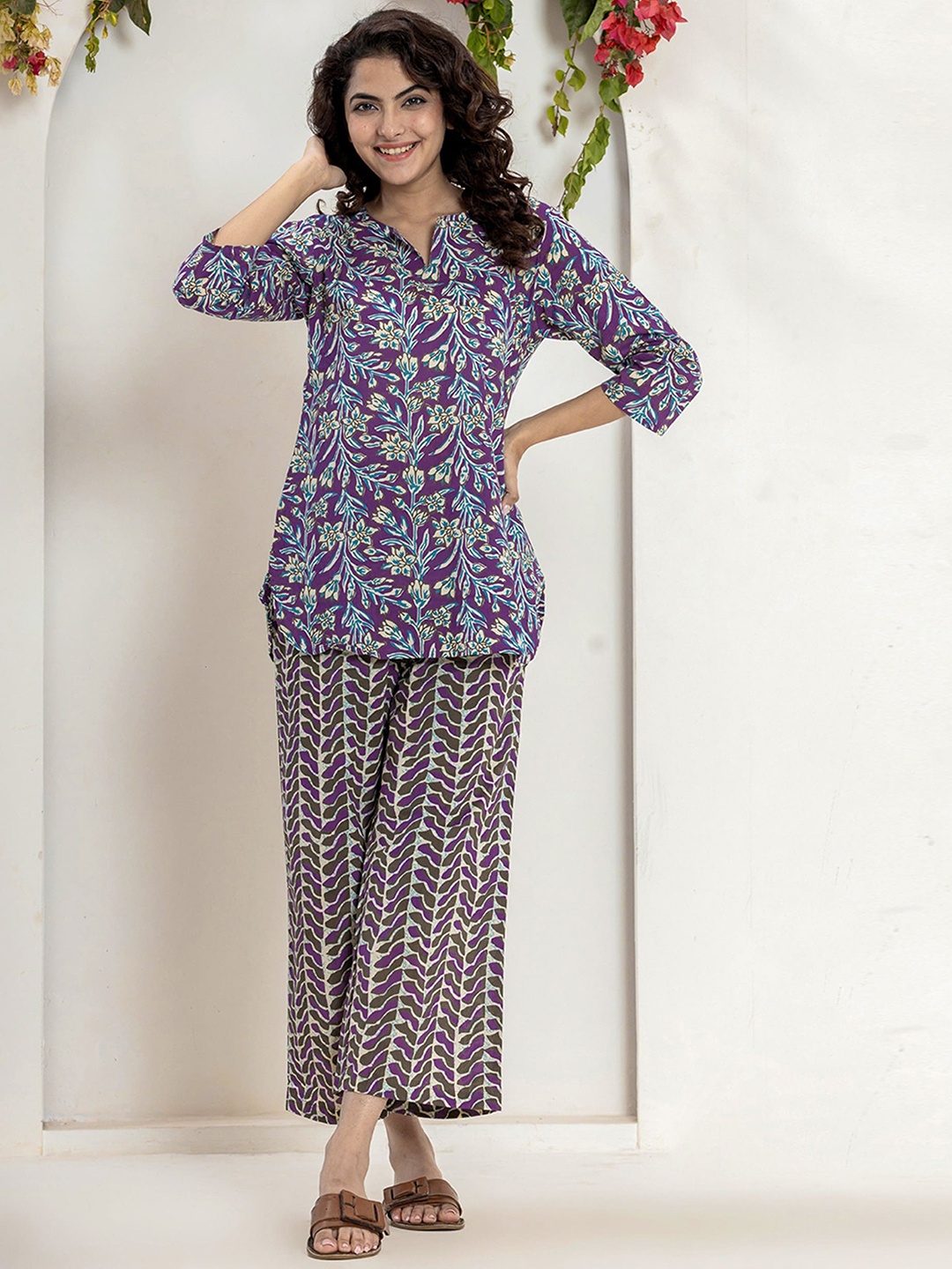 

FEATHERS CLOSET Printed Pure Cotton Top With Trousers Co-Ords, Purple