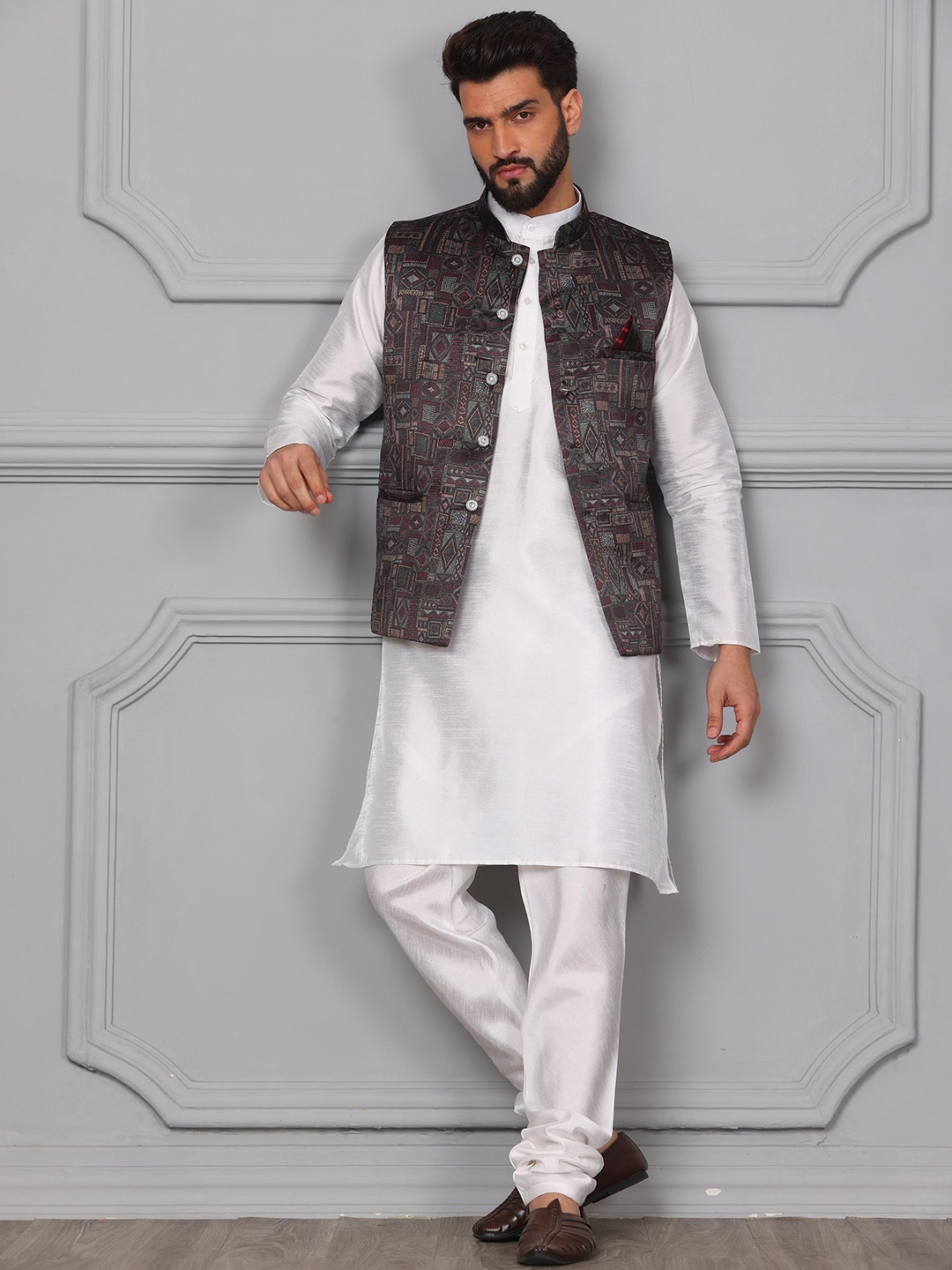 

Armaan Ethnic Mandarin Collar Kurta with Churidar & Nehru Jacket, White