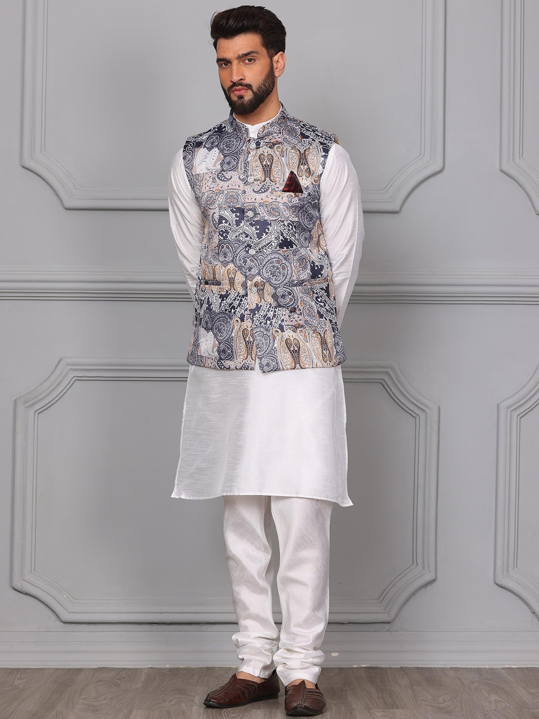 

Armaan Ethnic Mandarin Collar Kurta with Churidar & Nehru Jacket, White