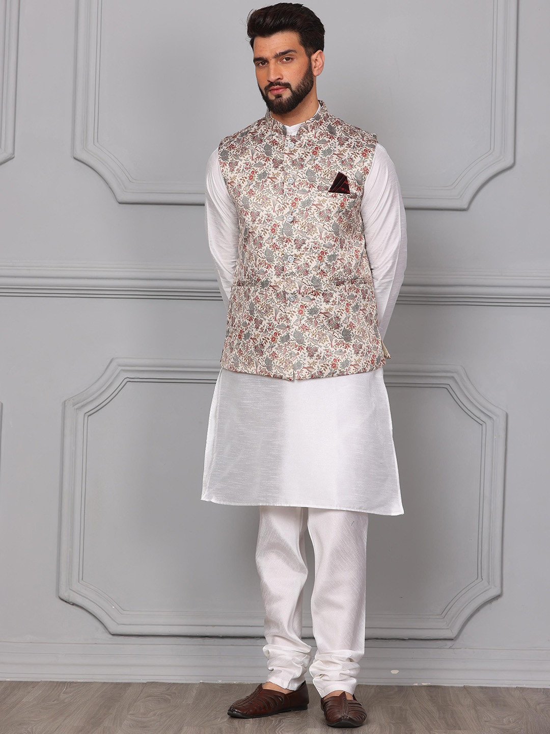 

Armaan Ethnic Mandarin Collar Kurta with Churidar & Nehru Jacket, White