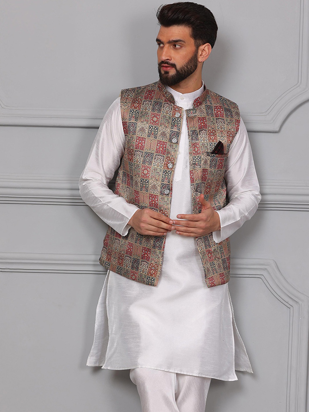 

Armaan Ethnic Mandarin Collar Kurta with Churidar & Nehru Jacket, White