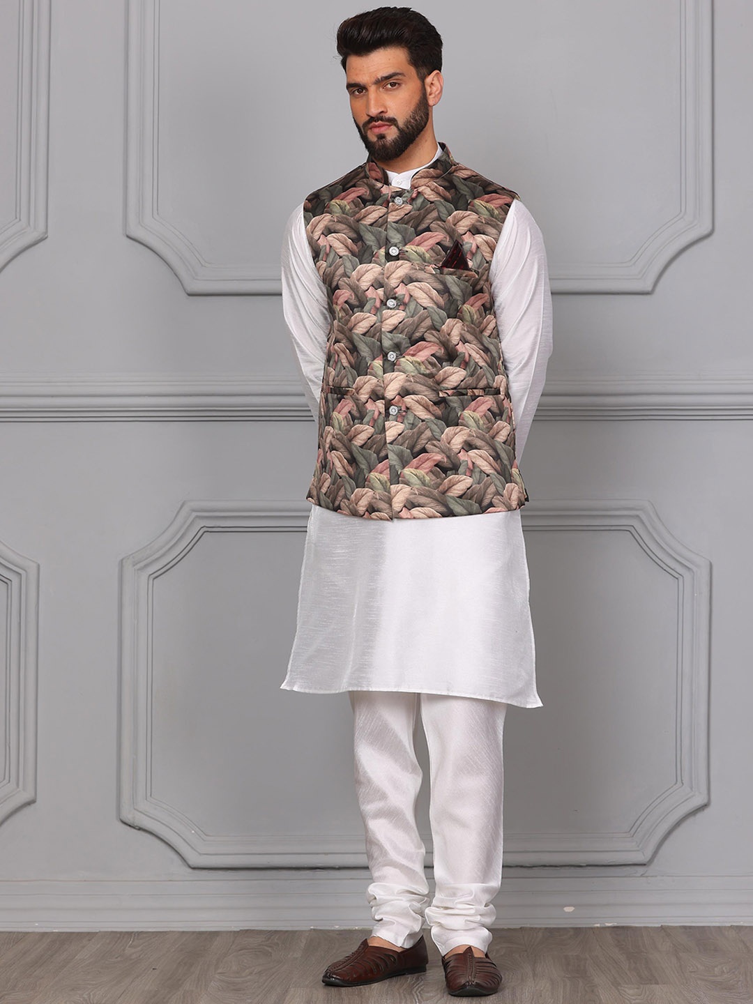 

Armaan Ethnic Mandarin Collar Kurta with Churidar & Nehru Jacket, White