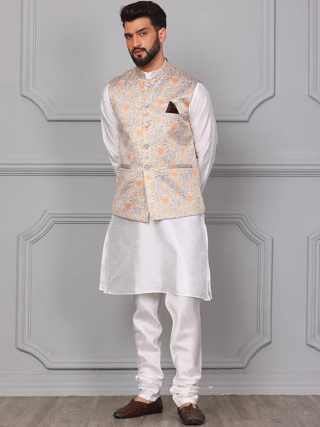 

Armaan Ethnic Mandarin Collar Kurta with Churidar & Nehru Jacket, White