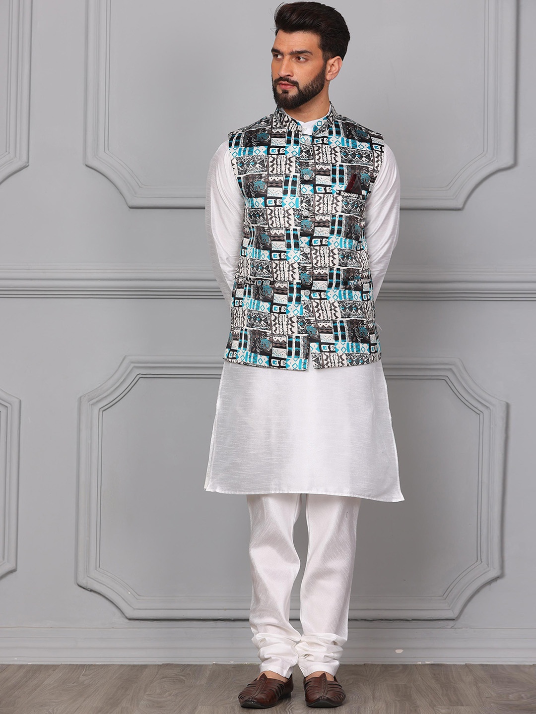 

Armaan Ethnic Mandarin Collar Kurta with Churidar & Nehru Jacket, White