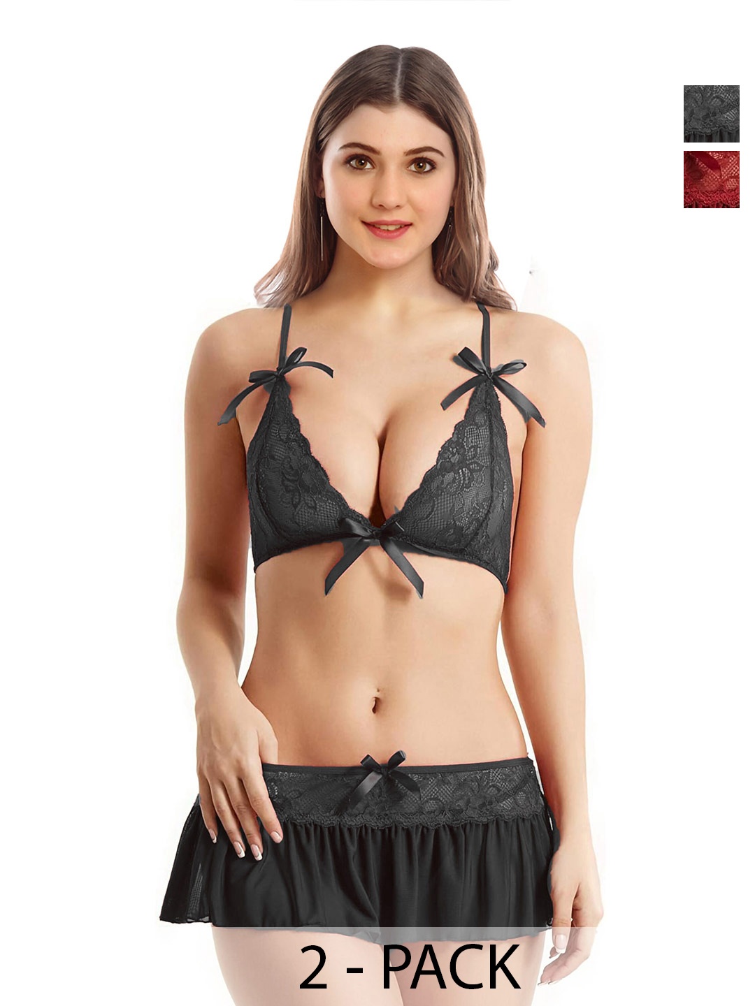 

Aamarsh Pack Of 2 Self Design Net Lingerie Set, Black