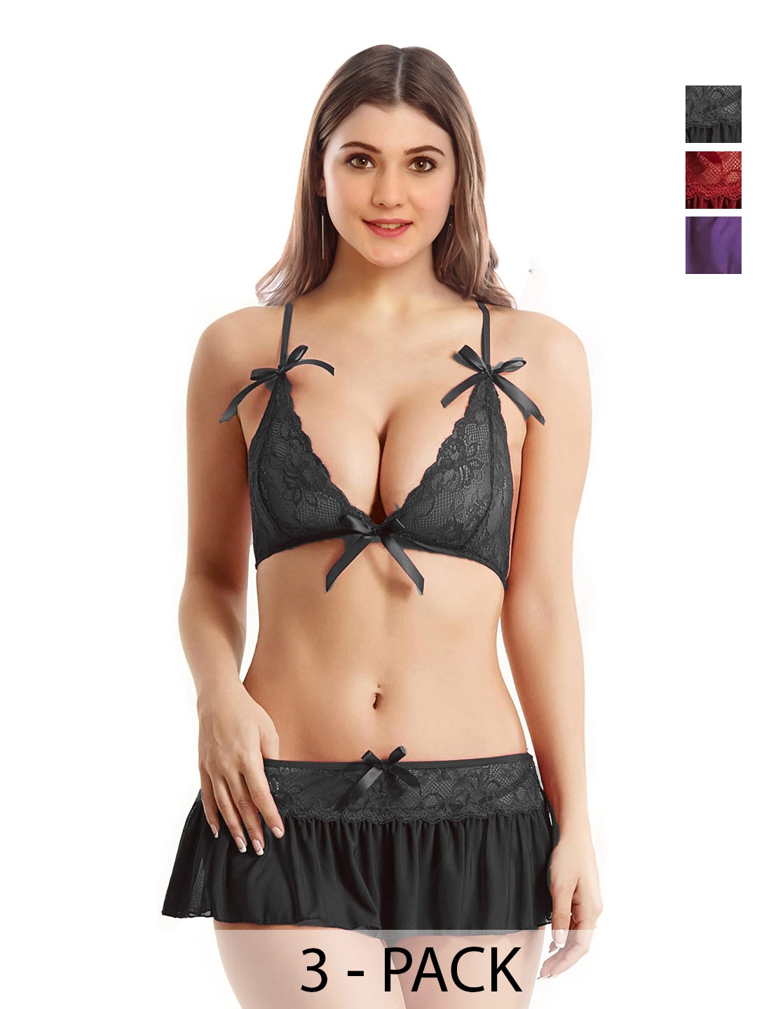 

Aamarsh Pack Of 3 Self Design Net Lingerie Set, Black