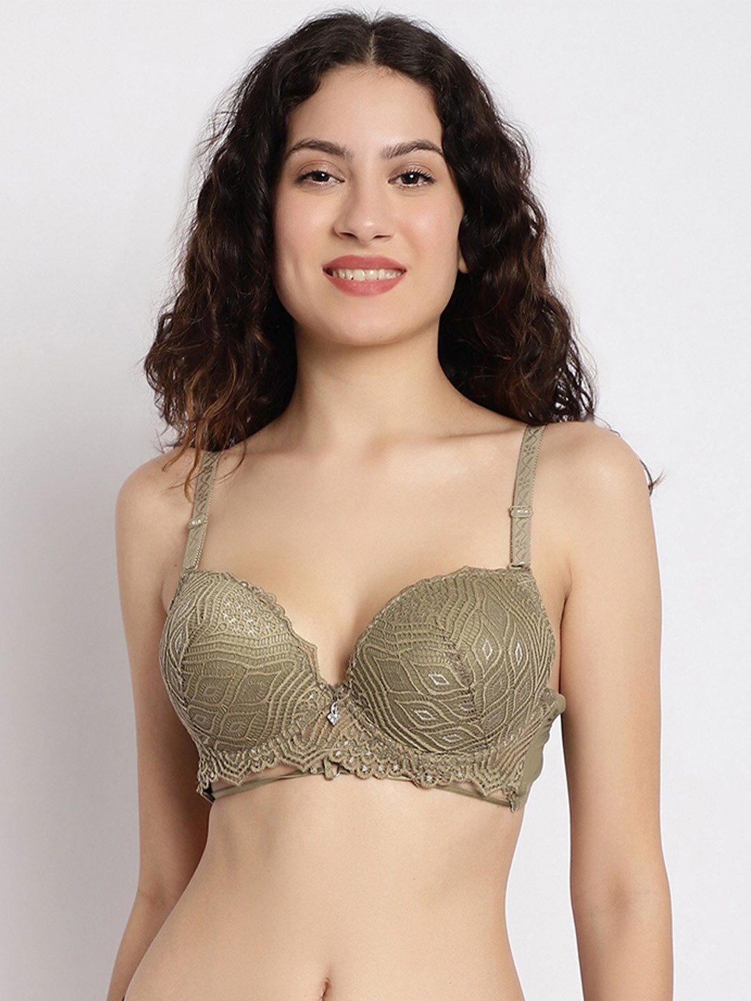 

MAKCLAN Floral Self Design Medium Coverage Anti Odour All Day Comfort Push-Up Bra, Green