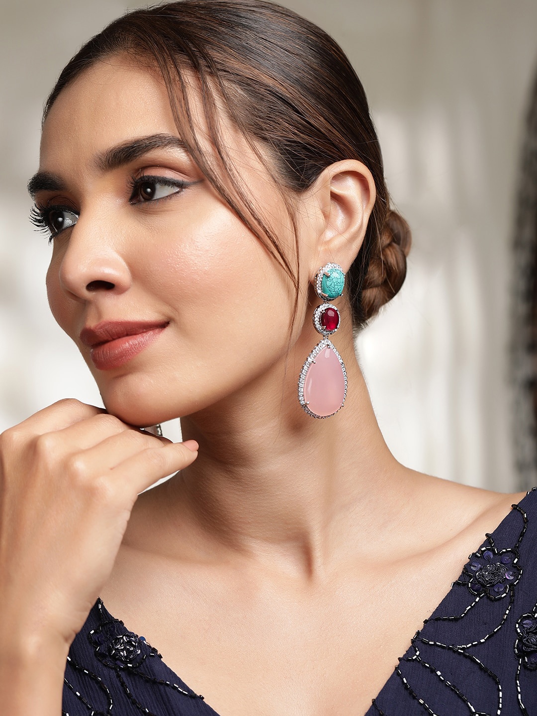 

Rubans Silver Plateds Turquoise Blue PeachyPink & Red Gemstone with CZ Studded Drop Earring