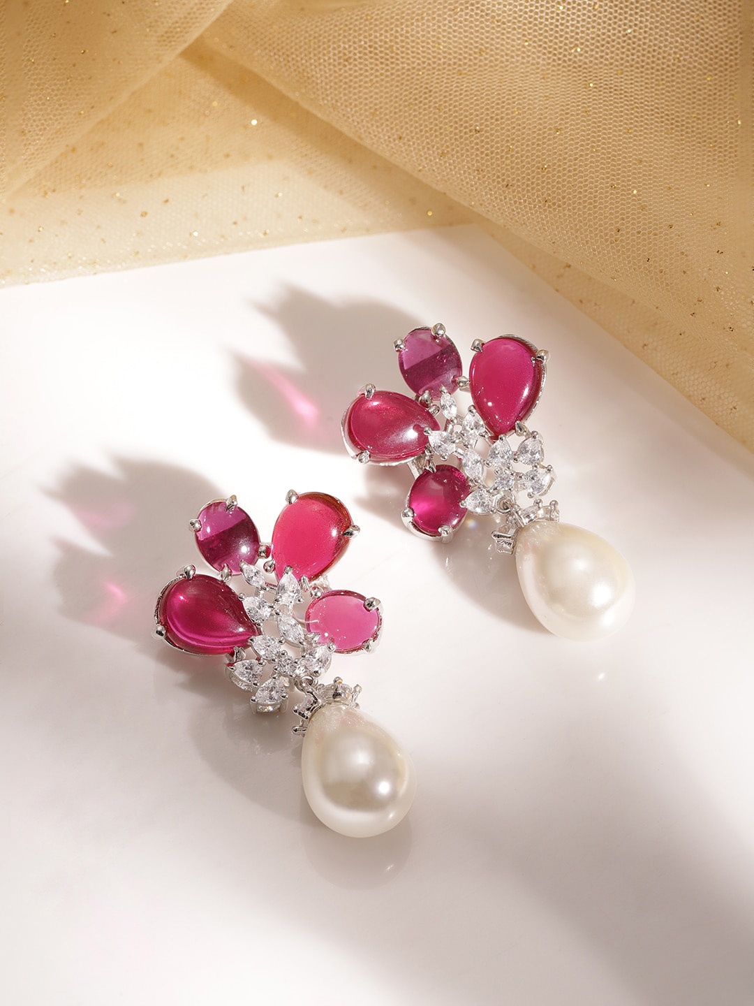 

Rubans Silver Plated Ruby Pink Gemstone AD & Zirconia Studded Pearl Drop Earrings