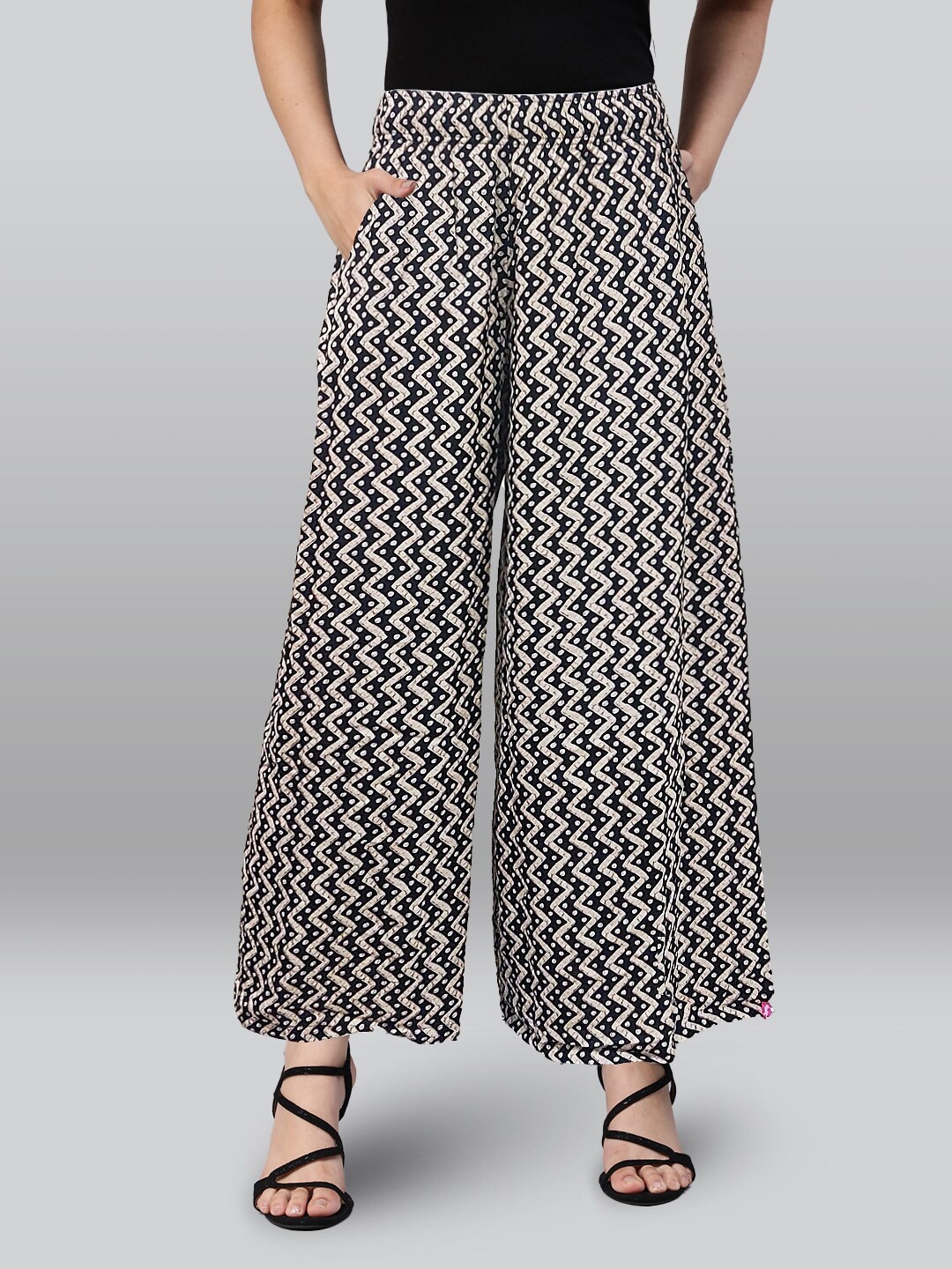 

LYRA Geometric Printed Cotton Wide Leg Ethnic Palazzos, Black