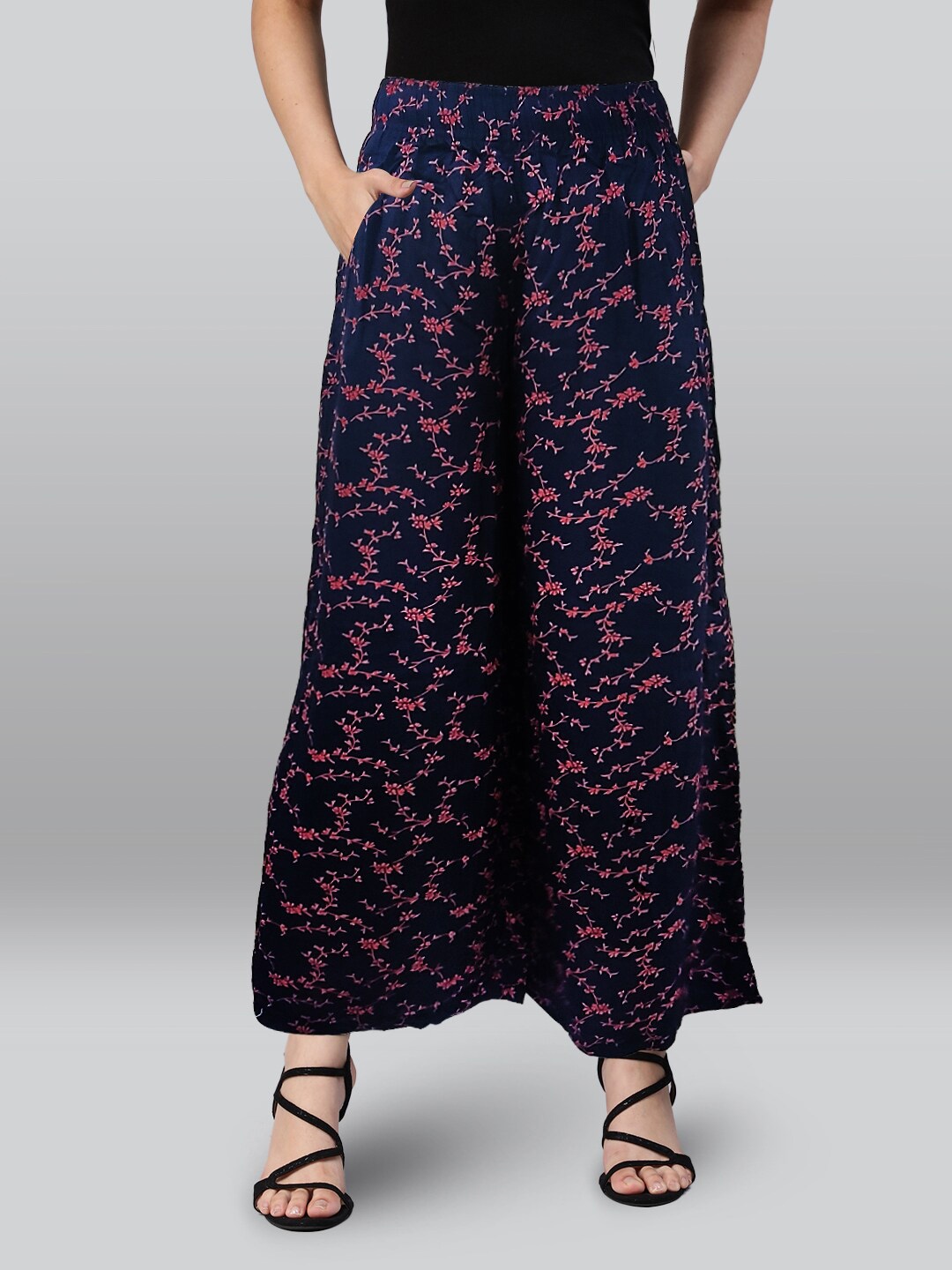 

LYRA Floral Printed Wide Leg Palazzos, Navy blue