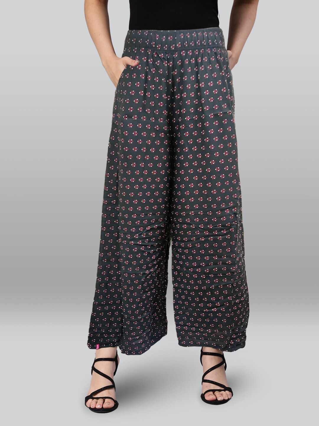 

LYRA Floral Printed Wide Leg Palazzos, Charcoal