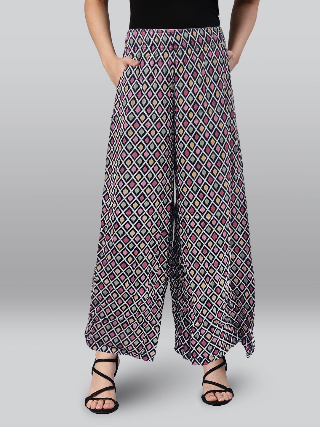 

LYRA Geometric Printed Wide Leg Palazzos, Black
