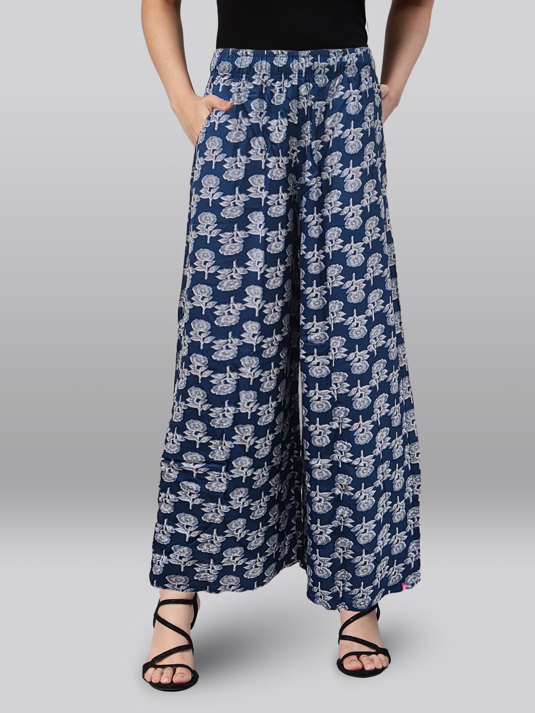 

LYRA Floral Printed Wide Leg Palazzos, Navy blue