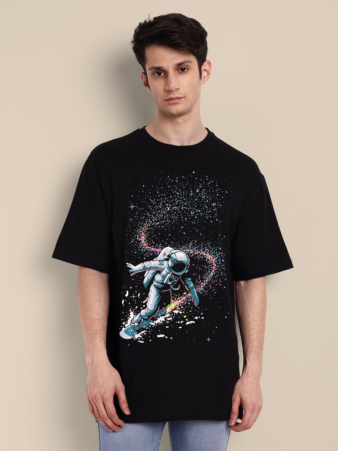 

TOMHIDDLE Graphic Printed Drop-Shoulder Sleeves Cotton Oversized T-shirt, Black