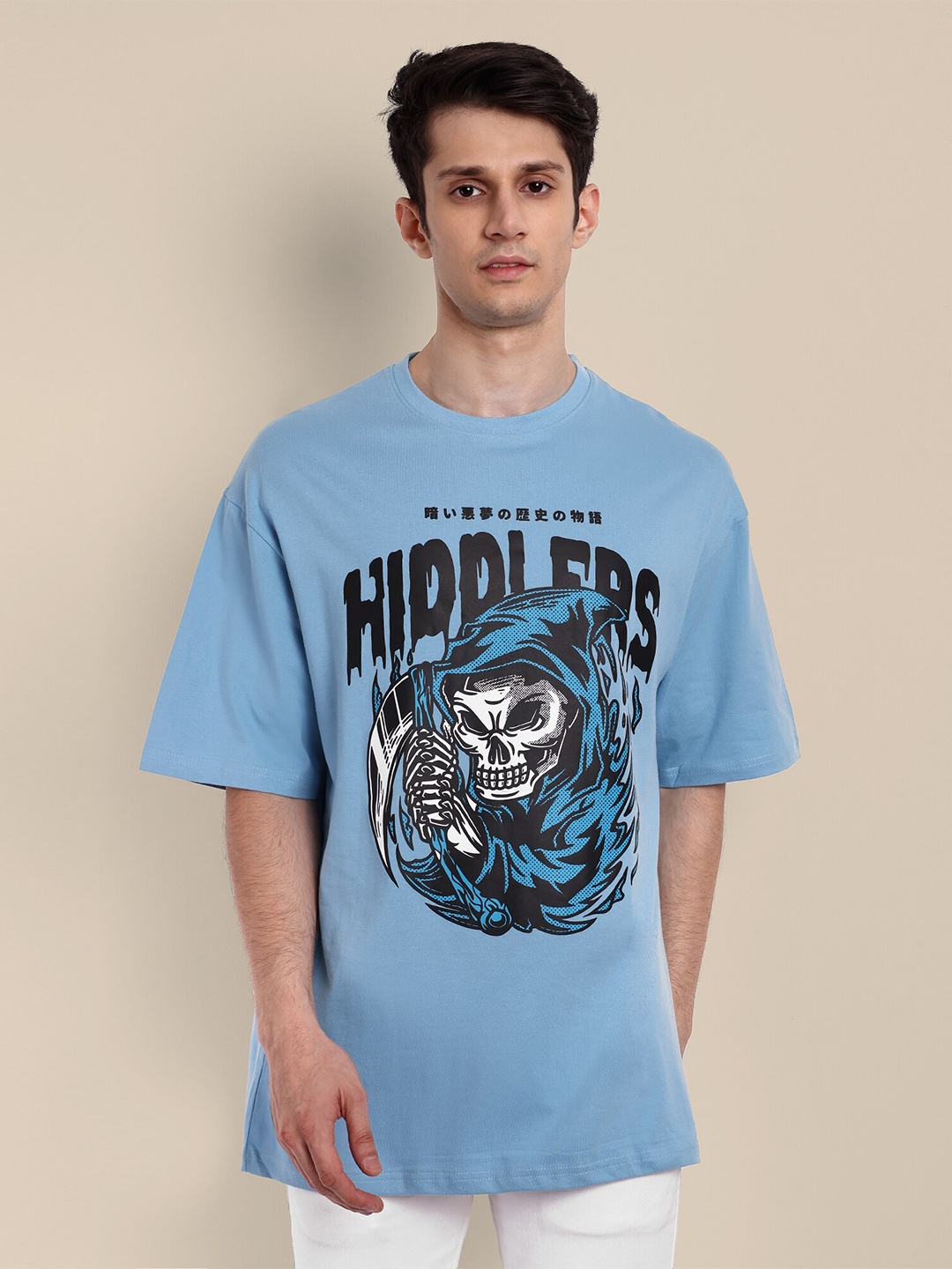 

TOMHIDDLE Graphic Printed Drop-Shoulder Sleeves Cotton Oversized T-shirt, Blue