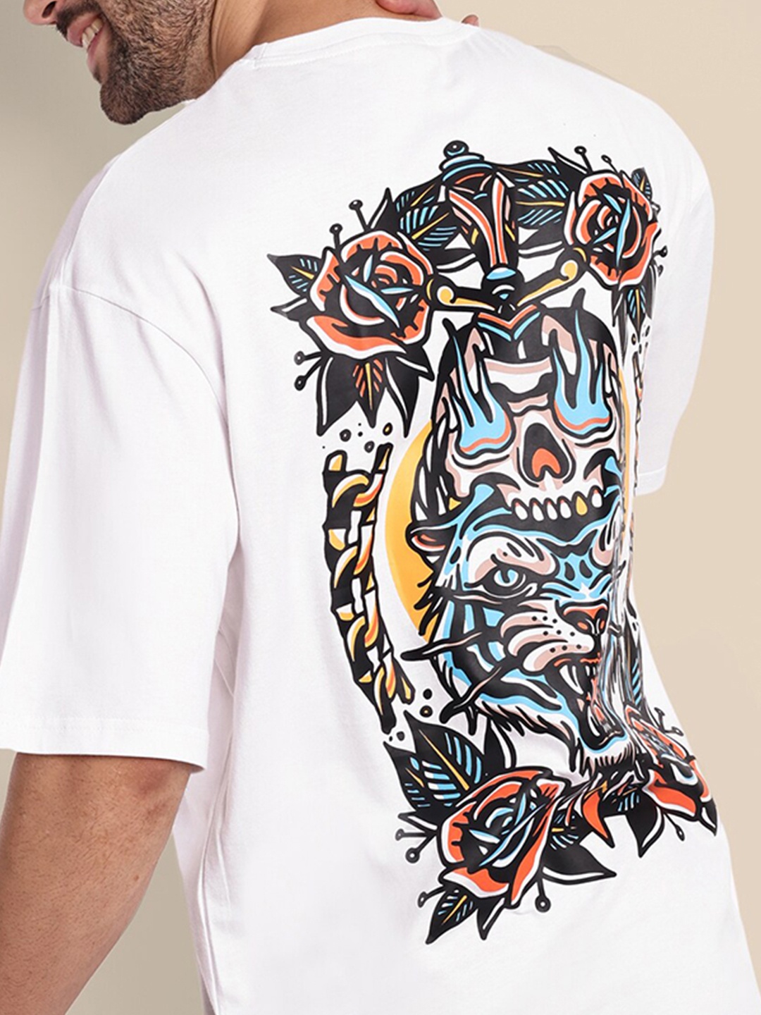 

TOMHIDDLE Graphic Printed Drop-Shoulder Sleeves Cotton Oversized T-shirt, White