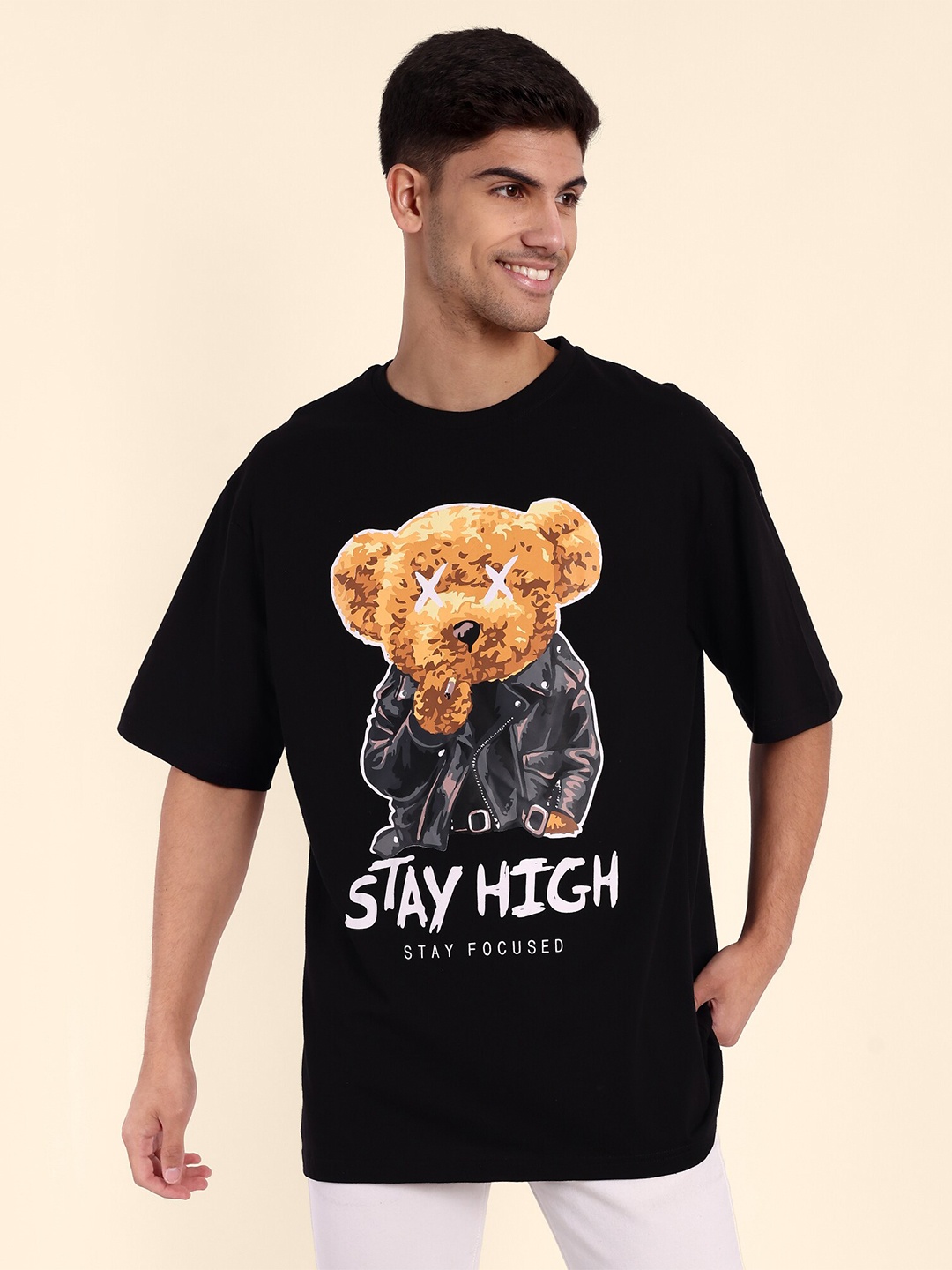 

TOMHIDDLE Graphic Printed Oversized Pure Cotton T-shirt, Black