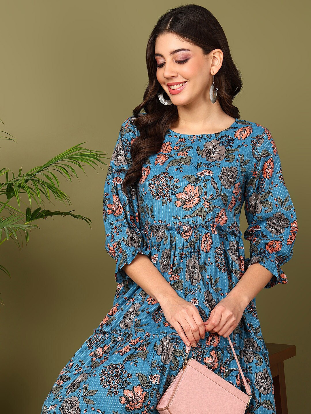 

mokshi Floral Print Round Neck Puff Sleeve A-Line Dress, Blue