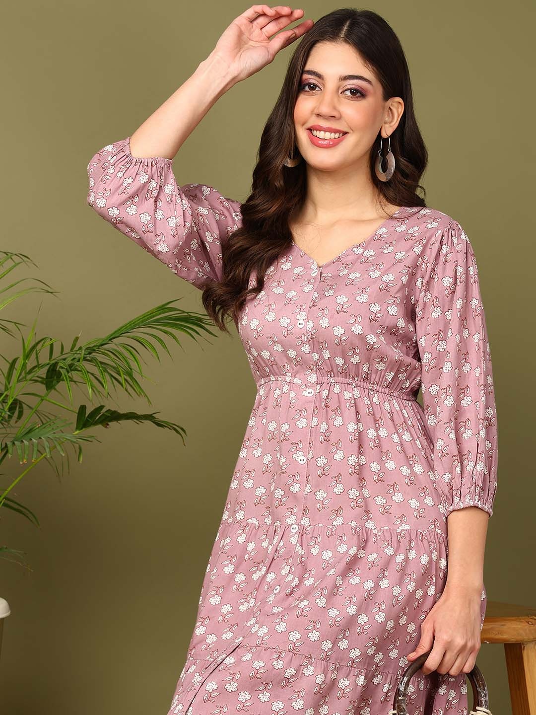 

mokshi V-Neck Puff Sleeves Floral Print A-Line Dress, Peach