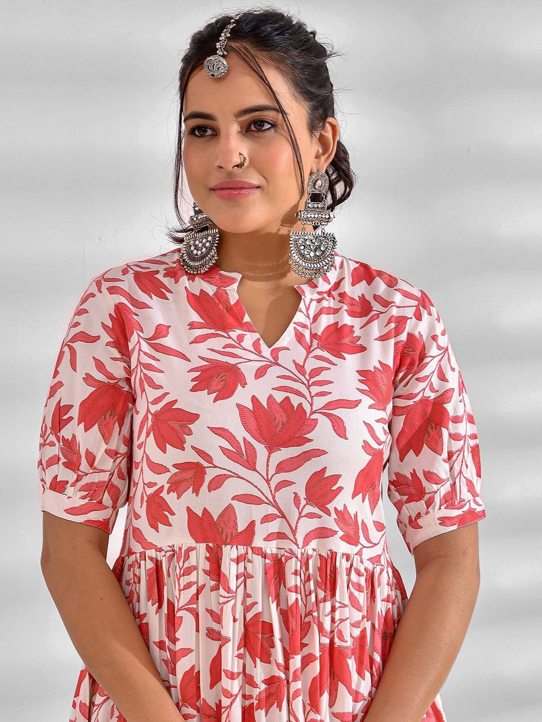 

mokshi Mandarin Collar Puff Sleeves Floral Print Maxi Dress, Pink